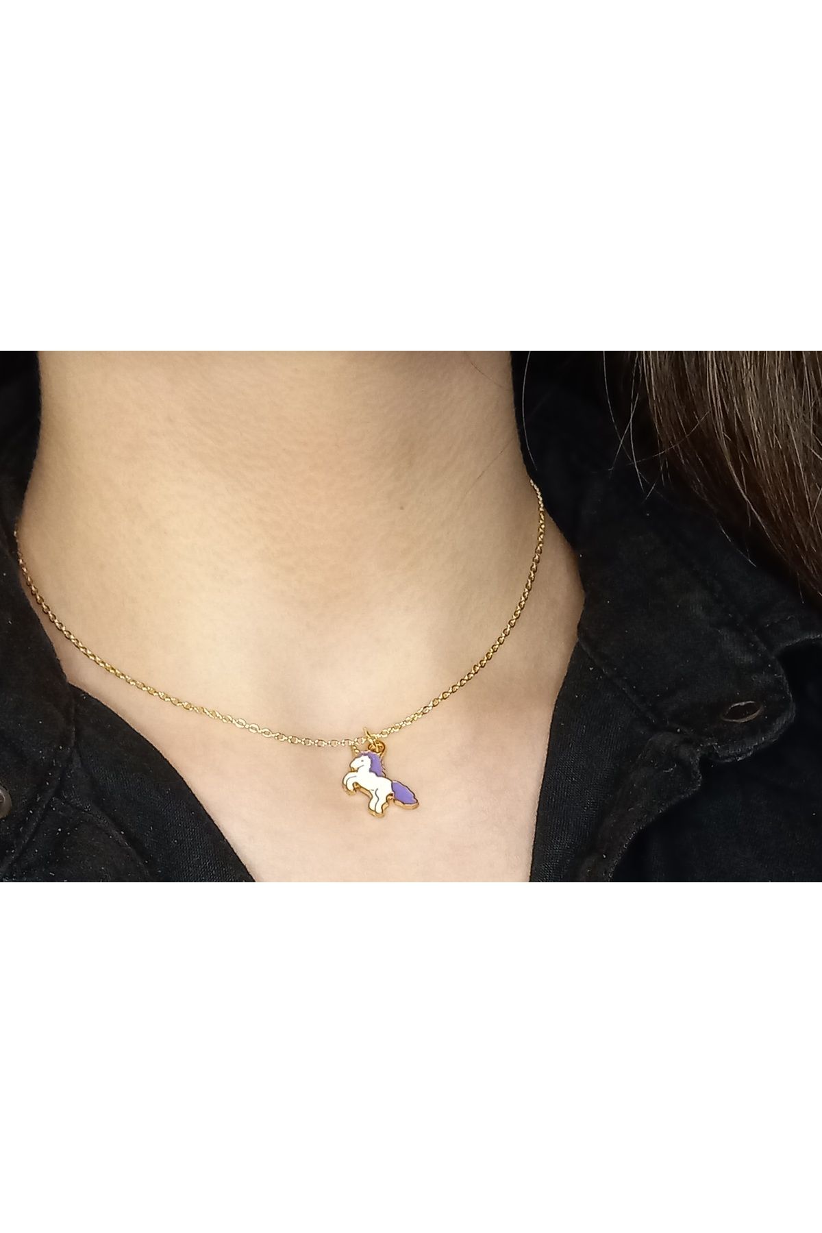 Crystal Atelier Mor Unicorn Altın Kaplama Çelik Kolye–Altın Mineli Unıcorn Tasarımlı Kolye-Renkli Unıcorn Kolye