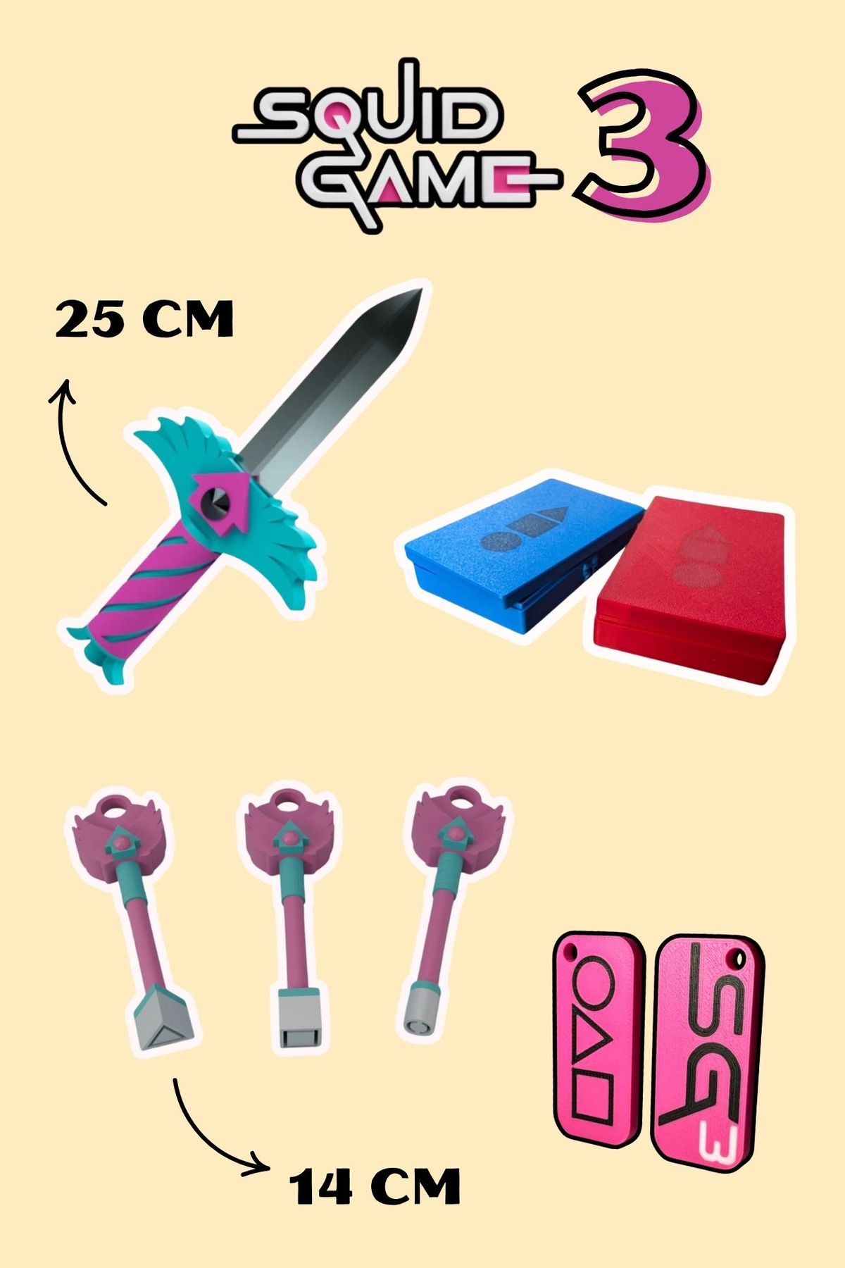 You Toys Squid Game 3 Full Set - 25 CM Bıçak Figür+ 14 CM Anahtar+ Kutu + Charm(Anahtarlık) (Toplam 4 parça)