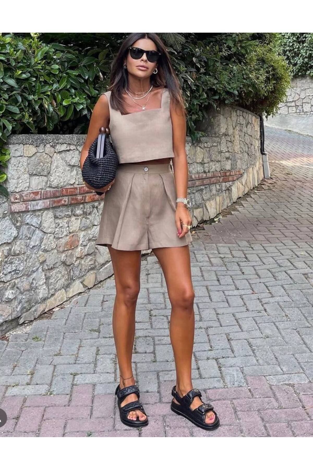 Butik Beyza İthal Keten Kumaş Bluz Şort İkili Takım