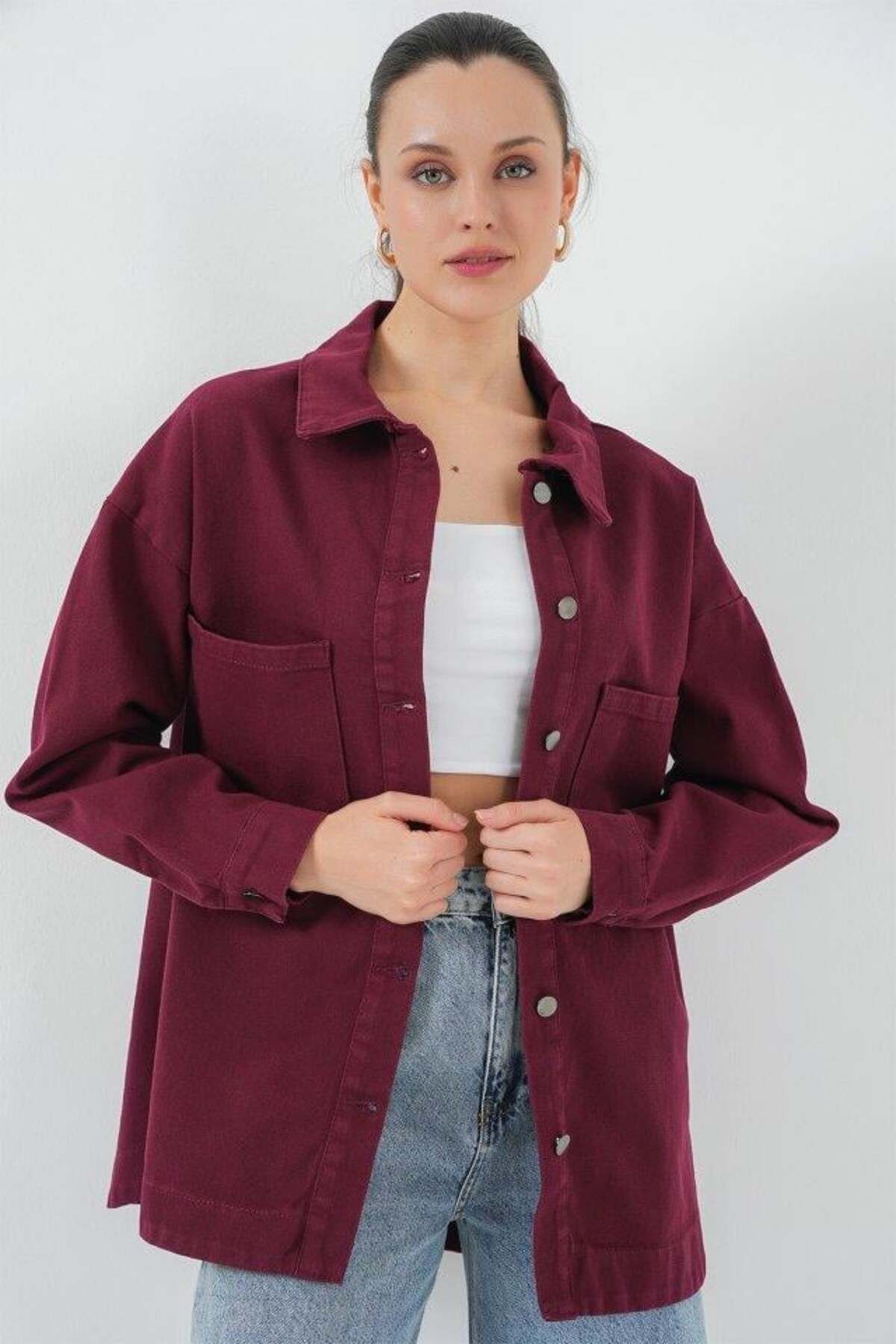 modamtn 20192 Oversize Gabardin Gömlek Ceket - Bordo