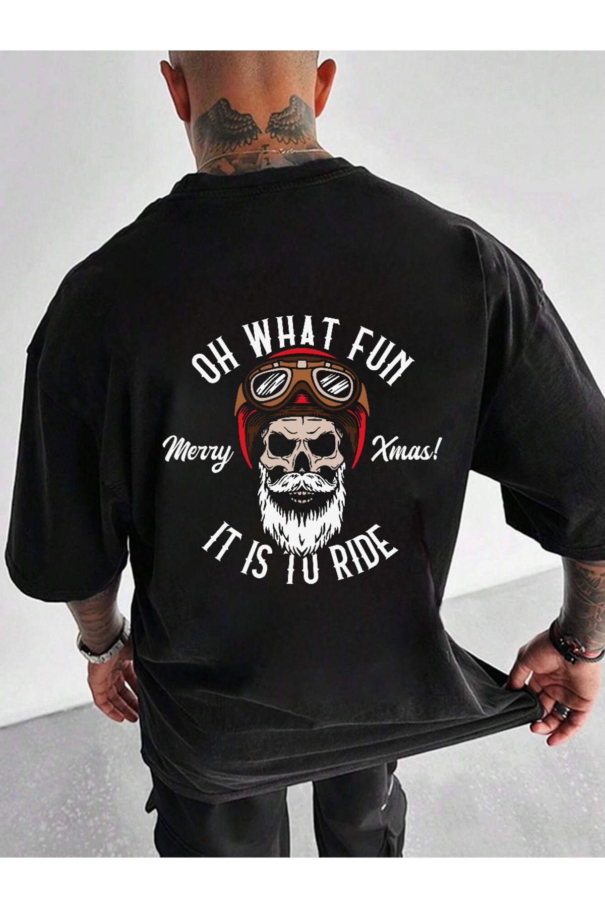 ELNOYA Unisex Pamuklu Siyah Oversize "Çılgın Motorcu" Baskılı Bisiklet Yaka Rahat T-shirt
