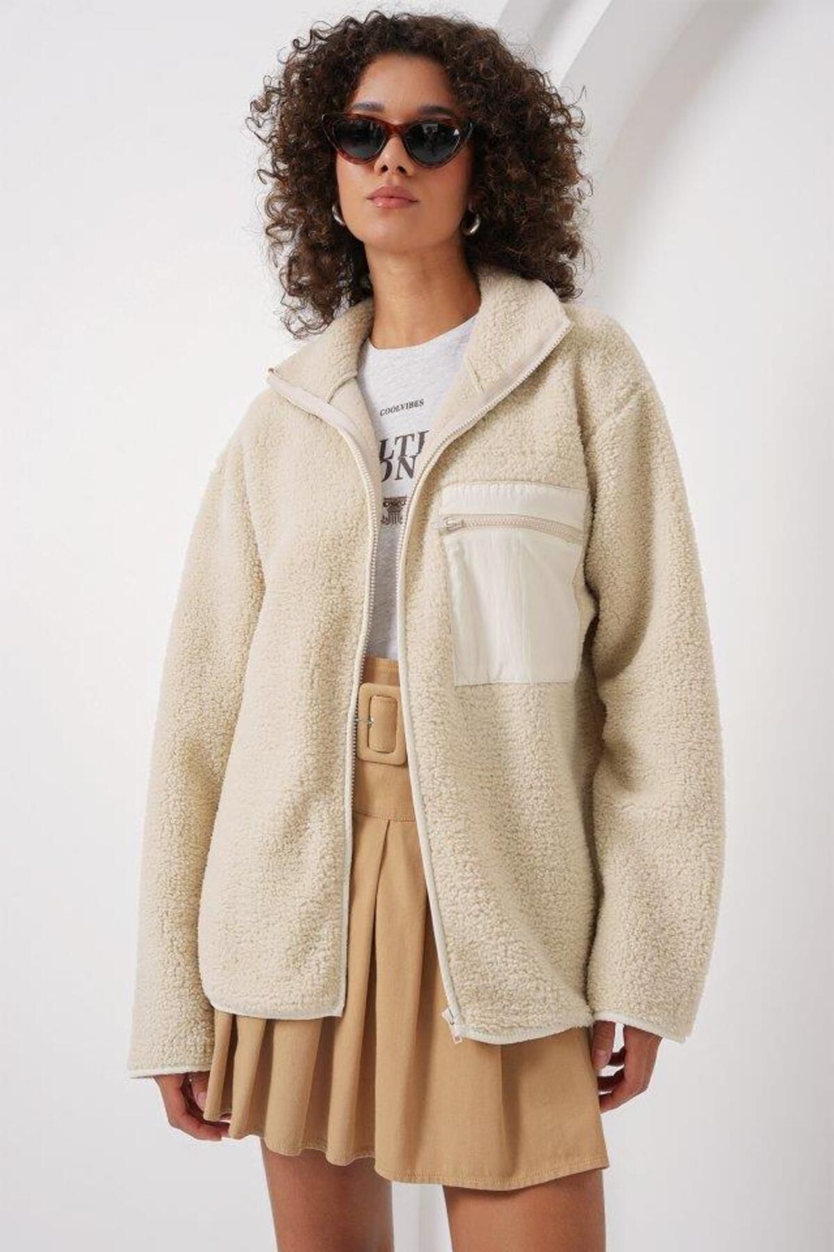 modamtn 55446 Fermuarlı Oversize Peluş Ceket Mont - Krem