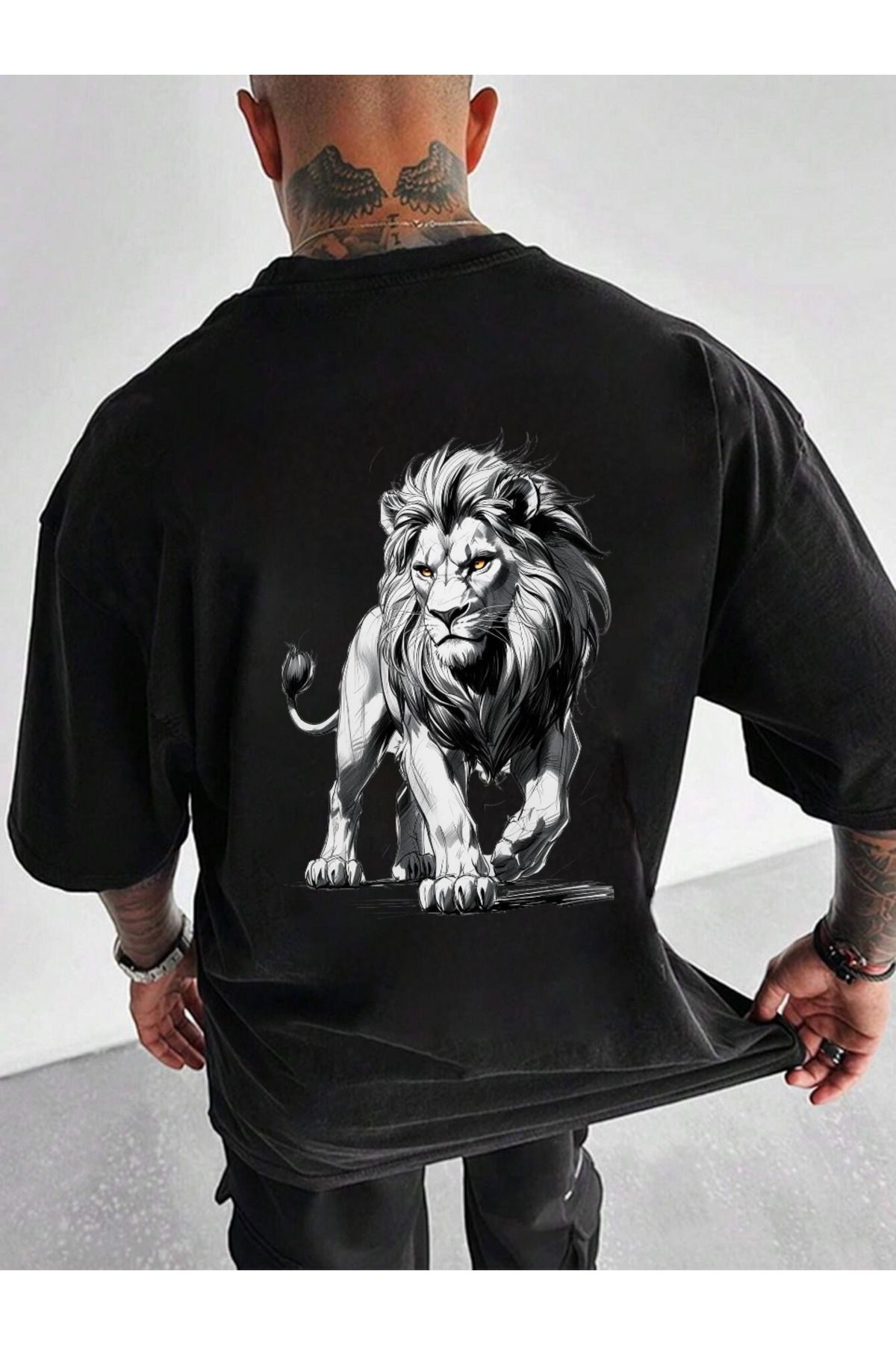 ELNOYA Unisex Pamuklu Siyah Oversize "Aslan" Baskılı Bisiklet Yaka Rahat T-shirt