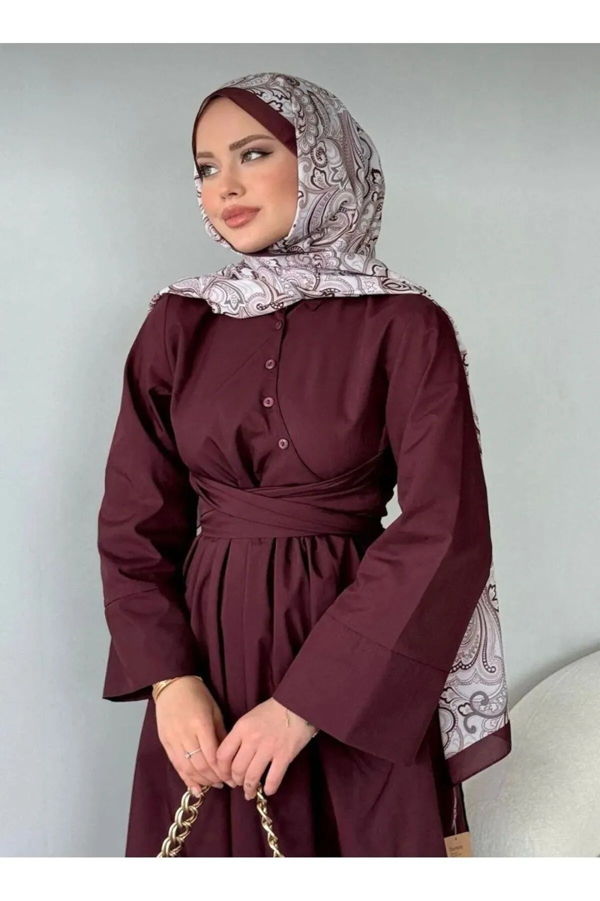Trendy Butik Kadın Gömlek Yaka Bağlamalı Poplin Kumaş Gömlek Elbise - Bordo
