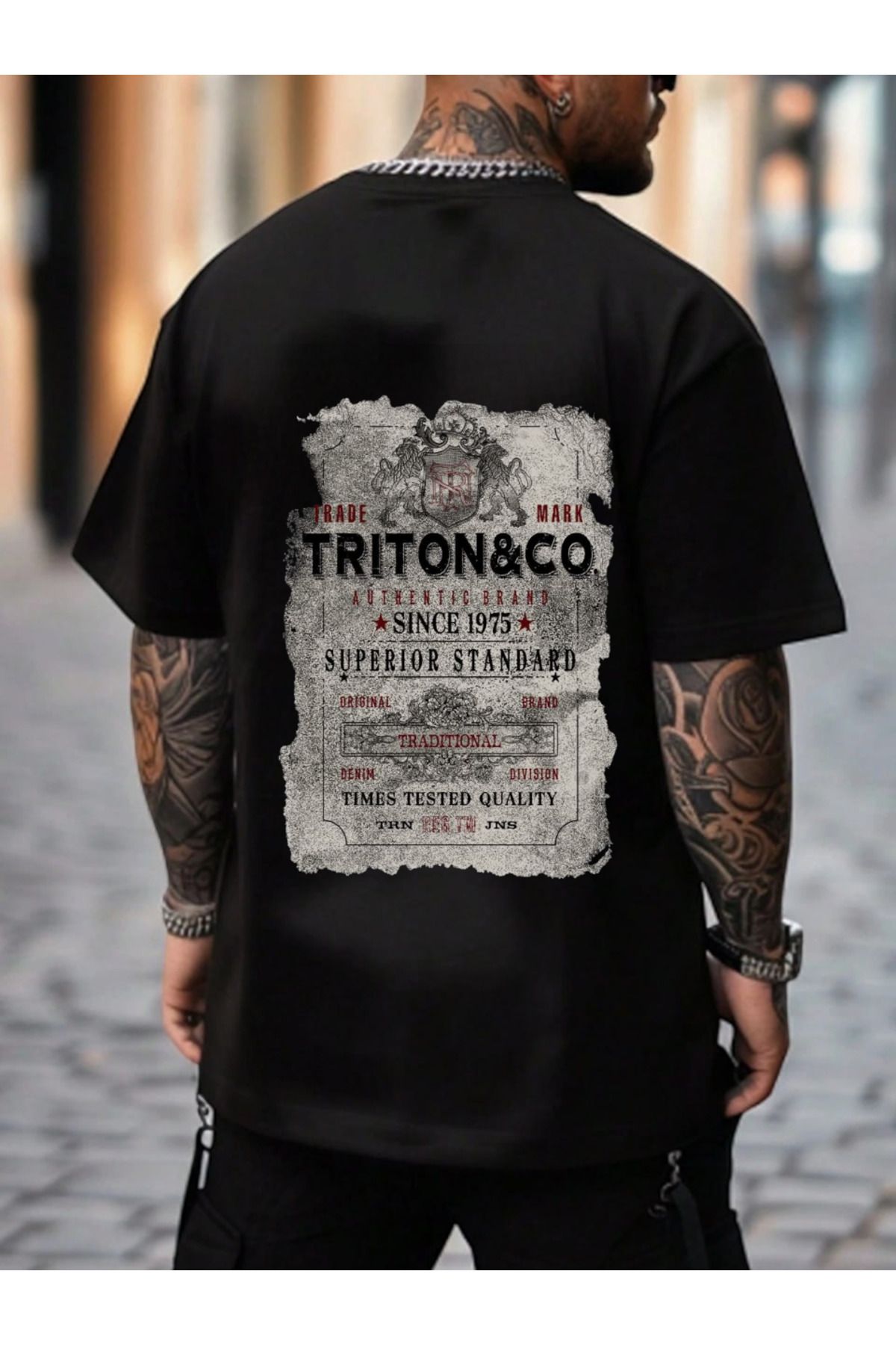 ELNOYA Unisex Pamuklu Siyah Oversize "Triton&Co" Baskılı Bisiklet Yaka Rahat T-shirt