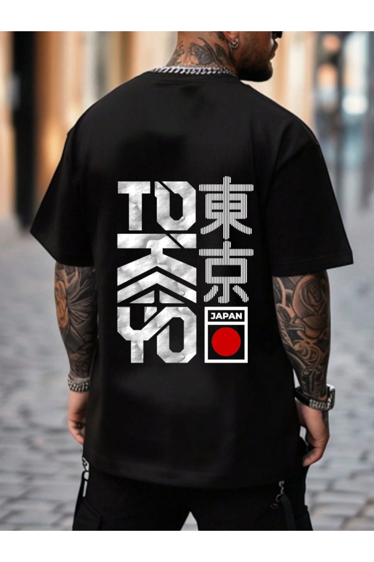 ELNOYA Unisex Pamuklu Siyah Oversize "Japan" Baskılı Bisiklet Yaka Rahat T-shirt