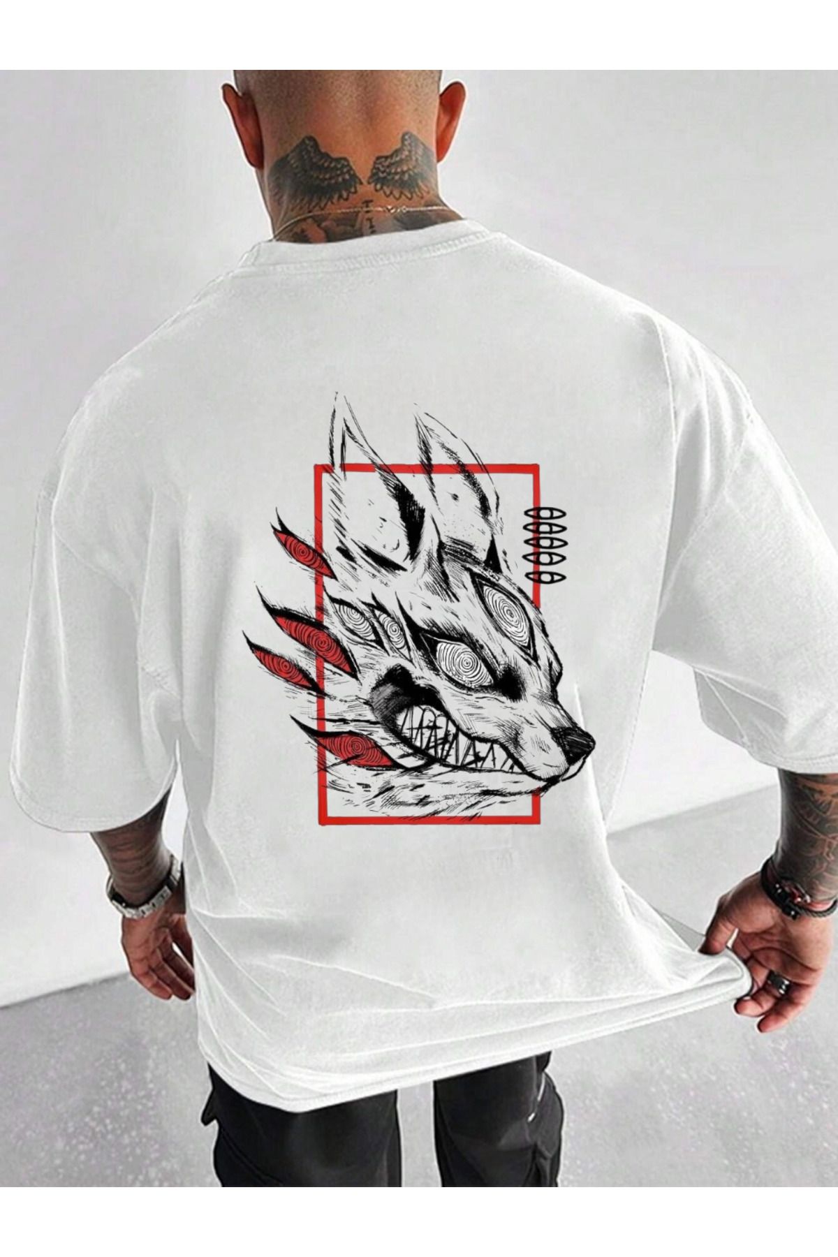 ELNOYA Unisex Pamuklu Beyaz Oversize "Kızgın Kurt" Baskılı Bisiklet Yaka Rahat T-shirt