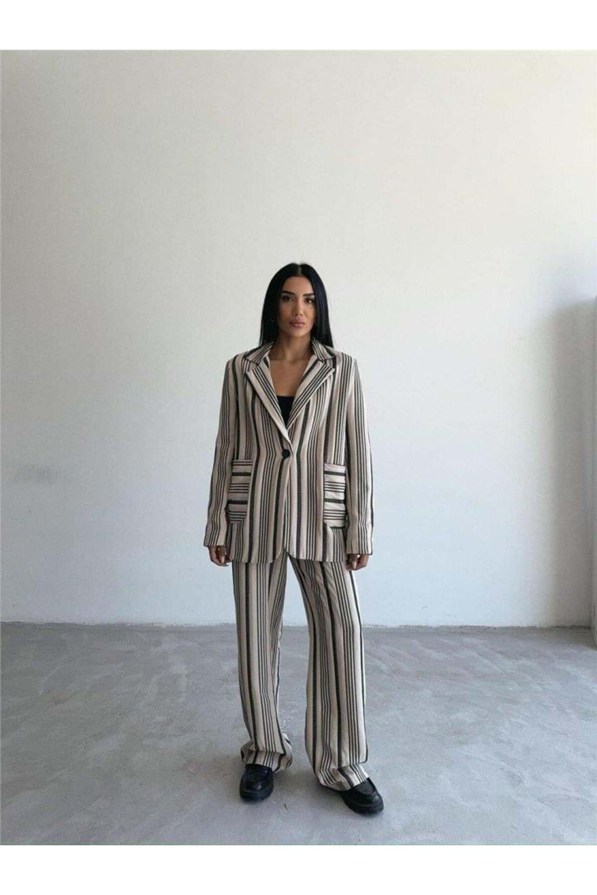 modamtn OTTOMAN ÇİZGİLİ CEKET-PANTOLON TK - Bej