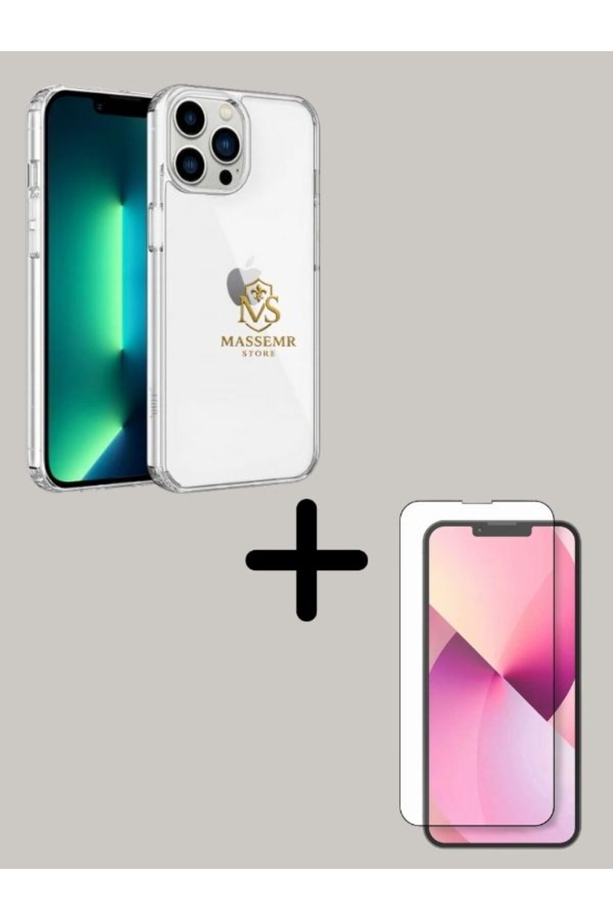 Massemr iPhone 13 Pro MAX Uyumlu Kamera Korumalı Şeffaf Silikon Kılıf + 9H Tam Ekran Koruyucu Cam Set
