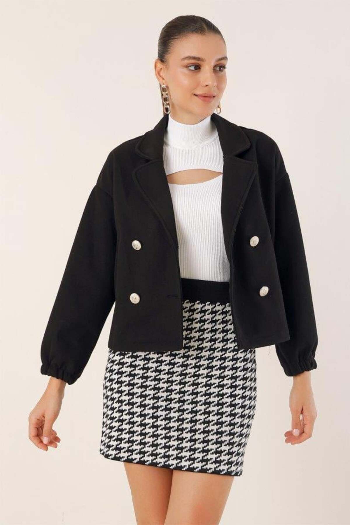 modamtn 9117 Kruvaze Yaka Crop Ceket - Siyah