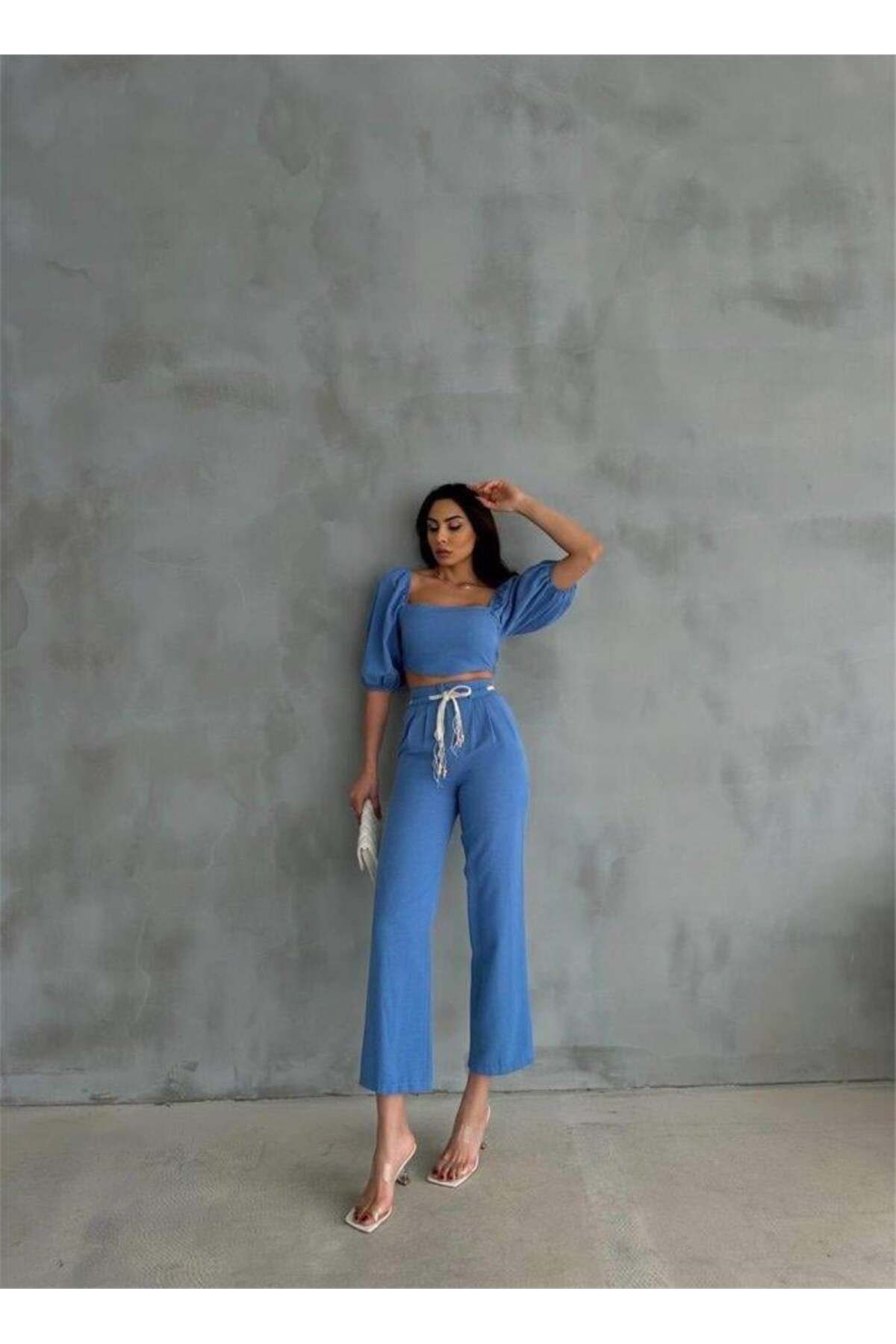 modamtn KETEN CROP KARPUZ KOL BLUZ-PANTOLON HASIR KEMERLİ - Mavi