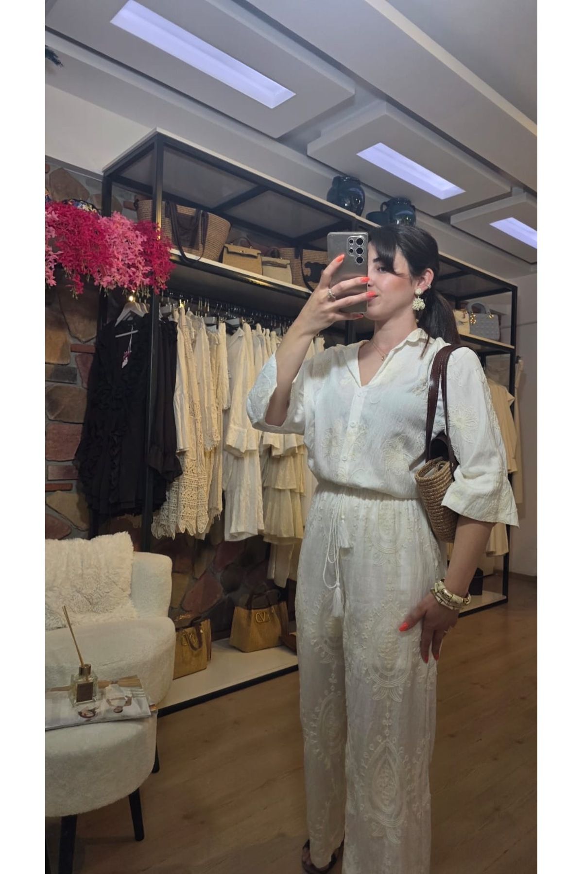 MODA Pamuklu işlemeli pantolon gömlek takım