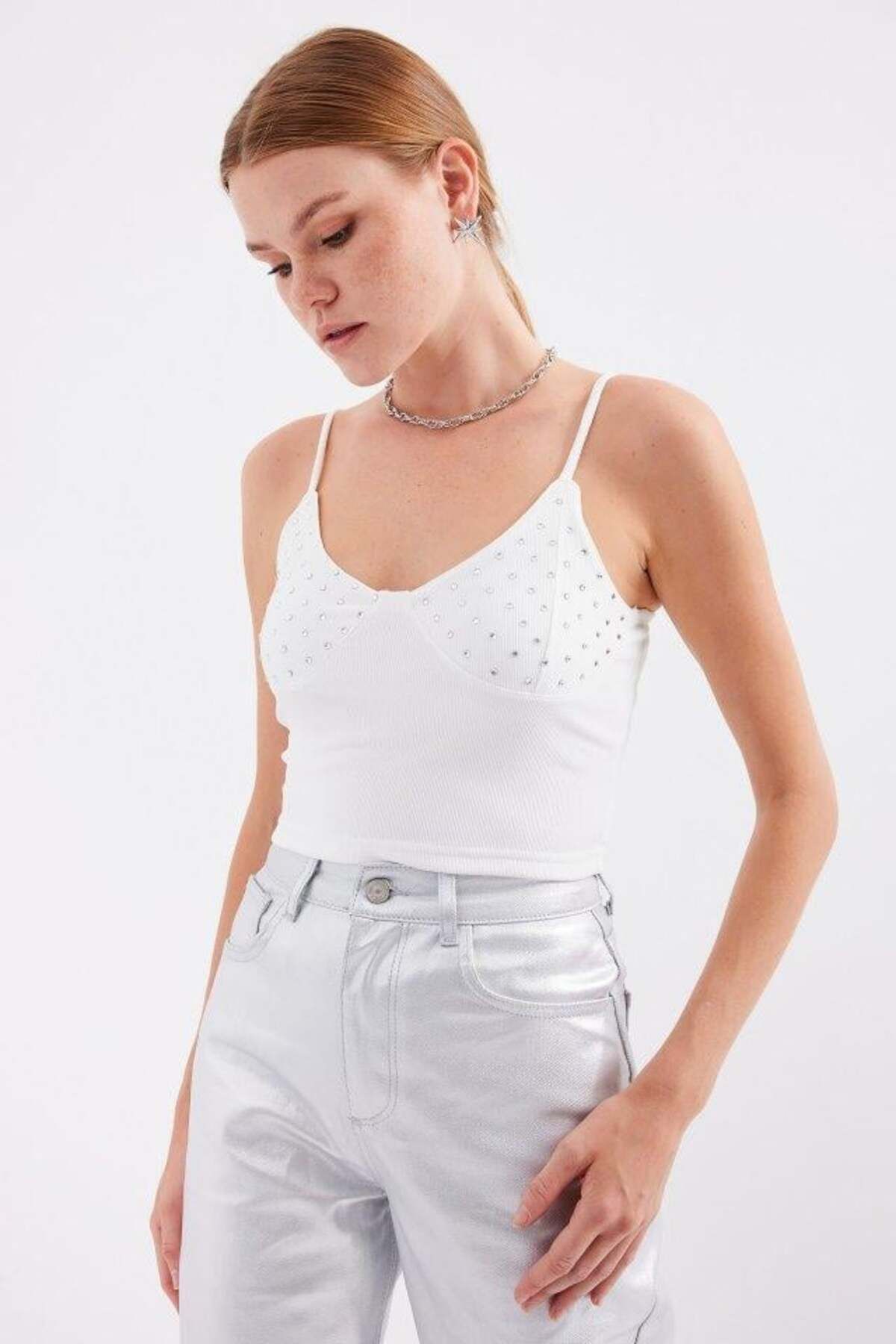 modamtn 918 İp Askılı Crop Top - Beyaz
