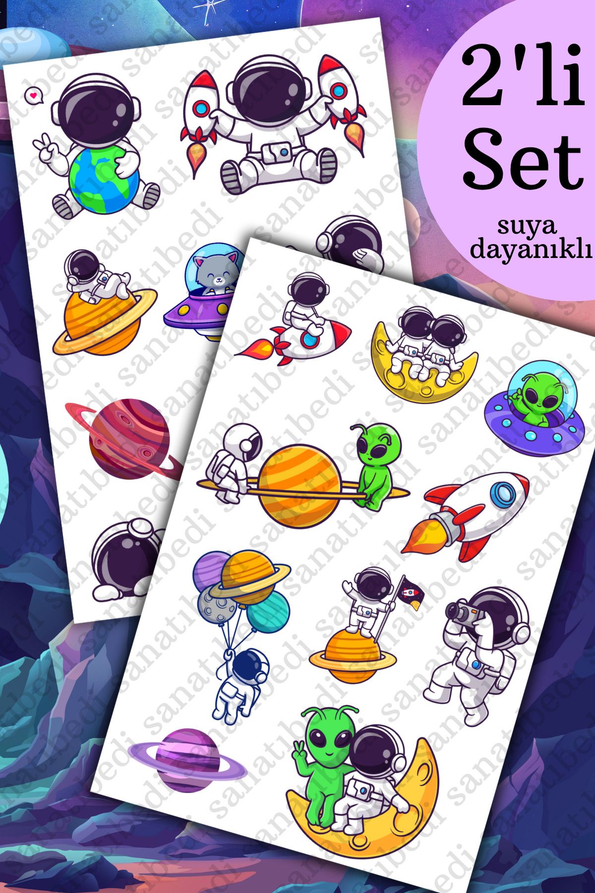 sanatıbedi 2'li Uzay Astronot Sticker - Laptop Tablet Defter Ajanda Valiz Journal için Suya Dayanıklı Etiket