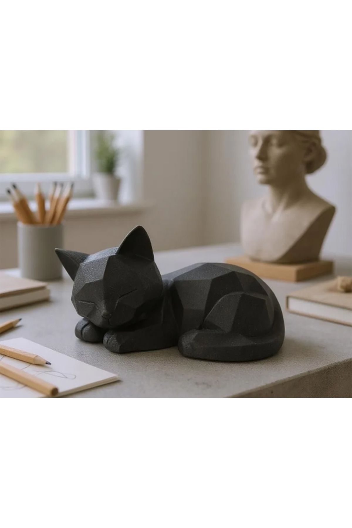 Matris Sevimli Uyuyan Yavru Kedi Heykel Biblo 3D BASKI PLASTİK SİYAH RENK
