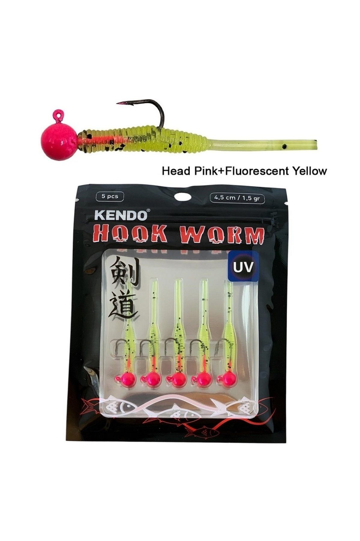 Kendo Hook Worm 1.5gr Jighead 4.5cm Lrf Silikonu (5'li Paket) Head Pink+Fluorescent Yellow