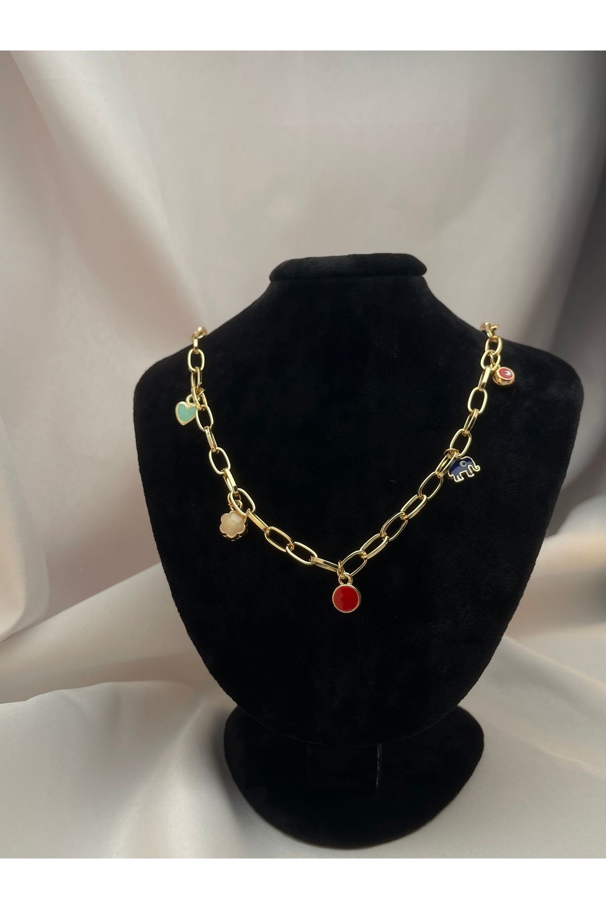 Butik Mavi Fil , Kalpli Ve Nazar Boncuğu Charmlı Kolye / 20 cm