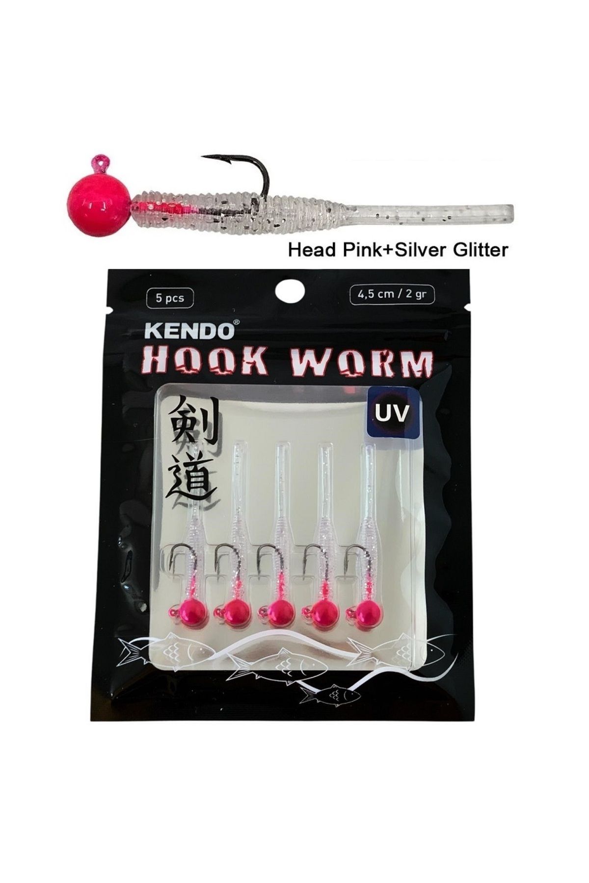 Kendo Hook Worm 2gr Jighead 4.5cm Lrf Silikonu (5'li Paket) Head Pink+Silver Glitter