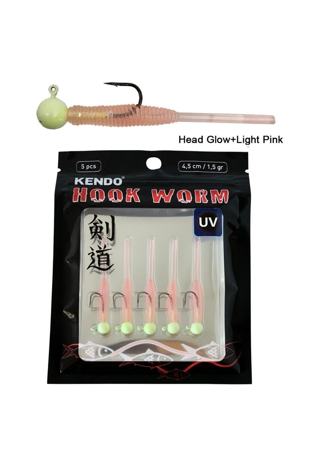 Kendo Hook Worm 1.5gr Jighead 4.5cm Lrf Silikonu (5'li Paket) Head Glow+Light Pink