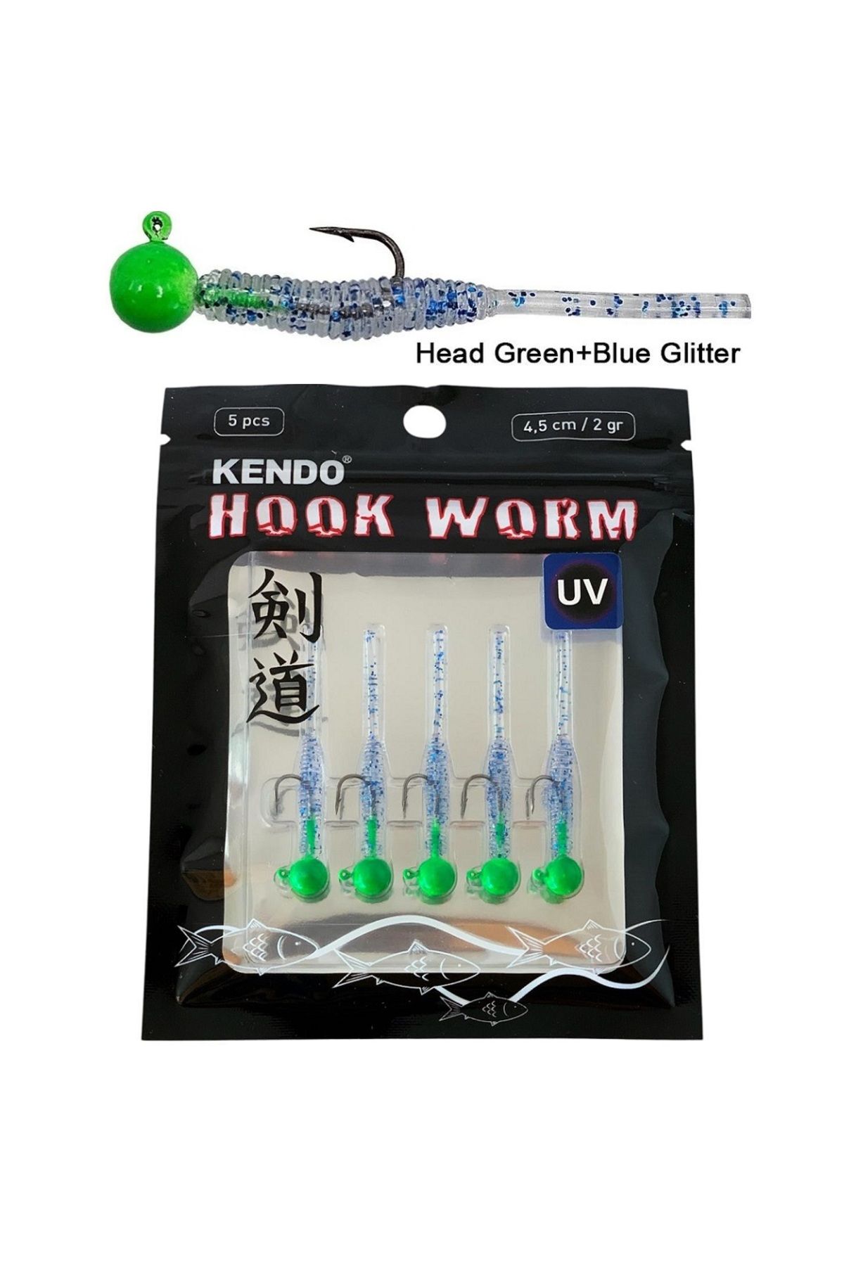 Kendo Hook Worm 2gr Jighead 4.5cm Lrf Silikonu (5'li Paket) Head Green+Blue Glitter