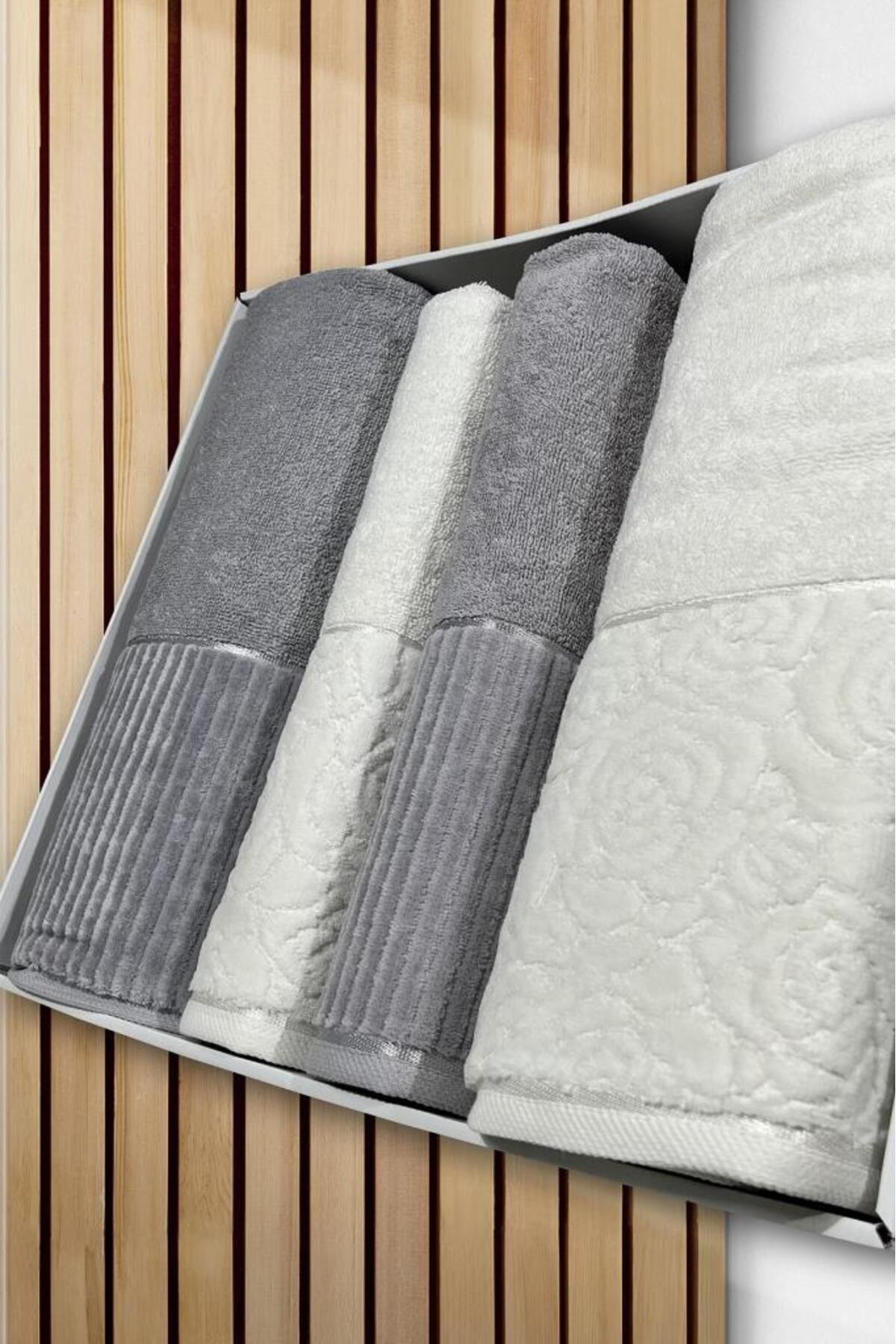 Çeyiz Diyarı Sevgi Hamam Takımı 4 Parça Krem - Gri