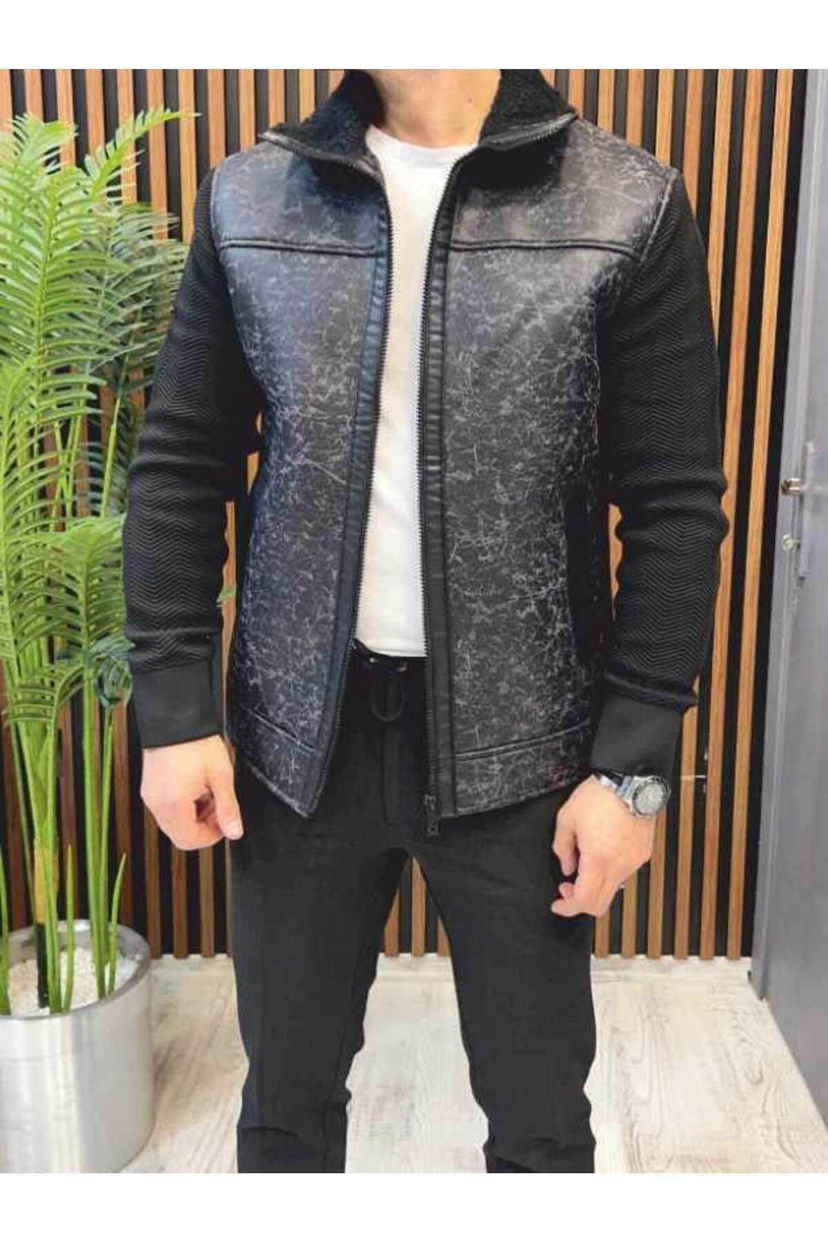 Yubacollection Kolu Triko Deri Ceket Siyah