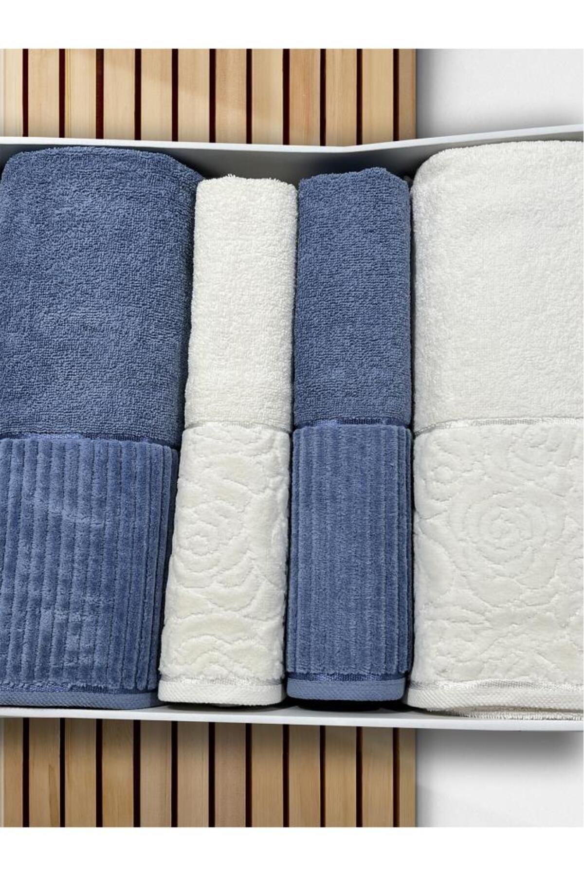 Çeyiz Diyarı Sevgi Hamam Takımı 4 Parça Krem - Mavi