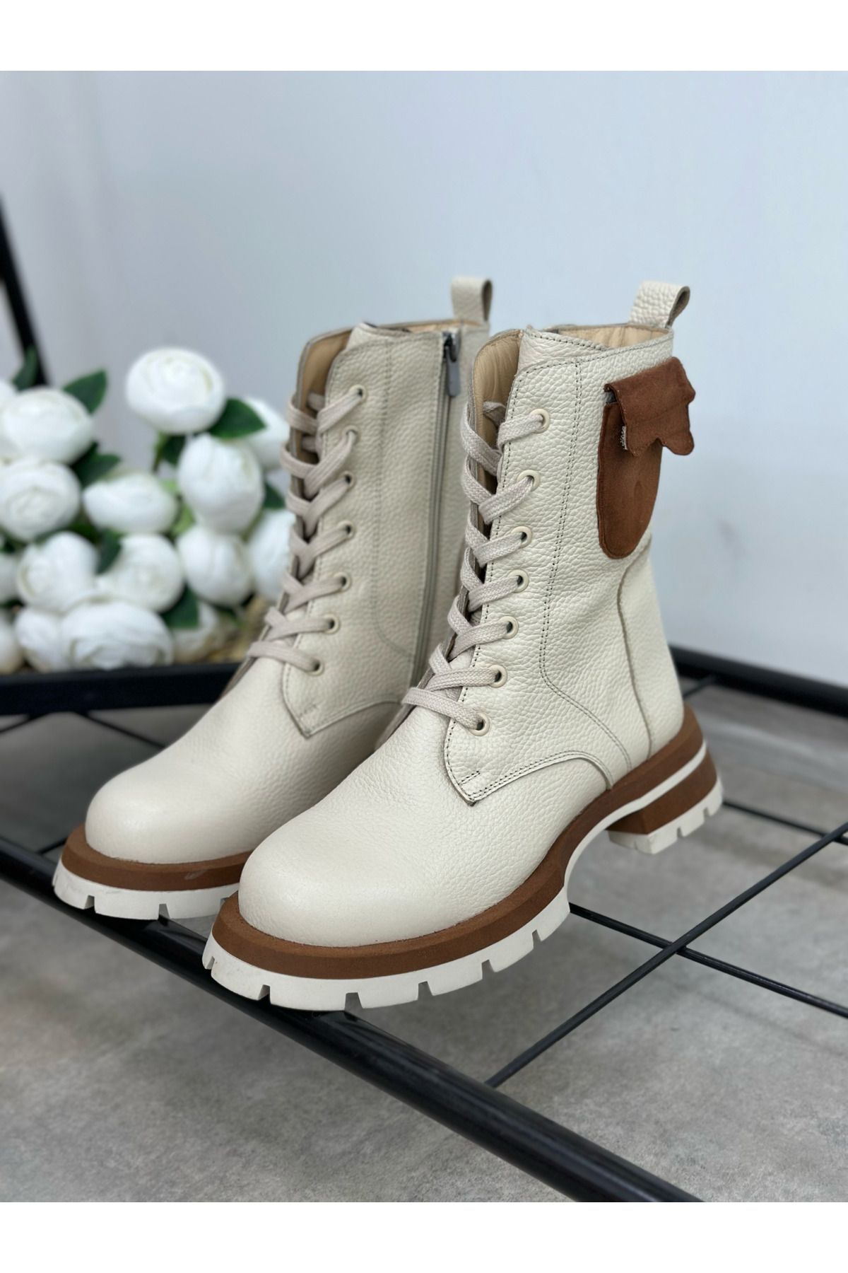 VİVENS MODA Hakiki Deri Kadın Bot | BEJ TABA