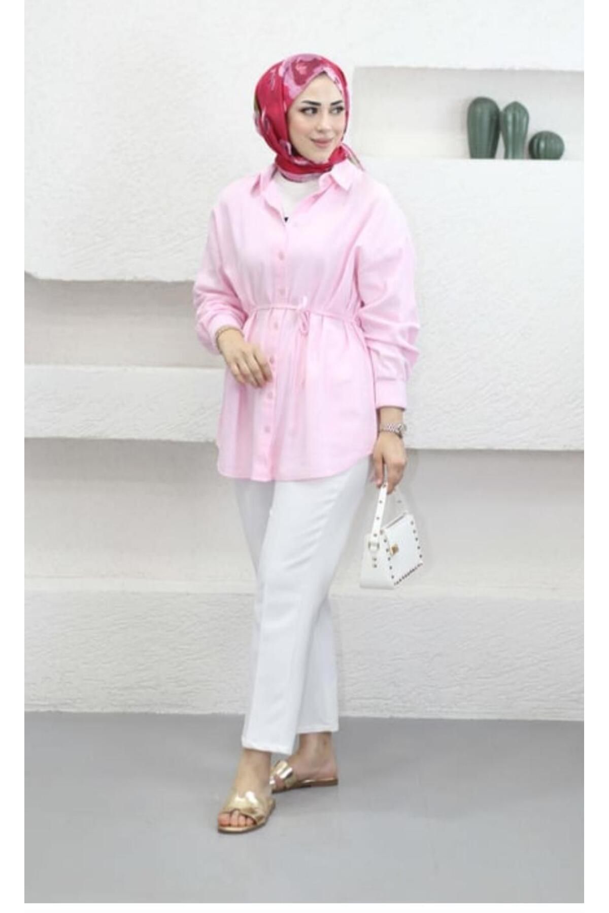 afran collection Bağlamalı Keten Pembe Gömlek