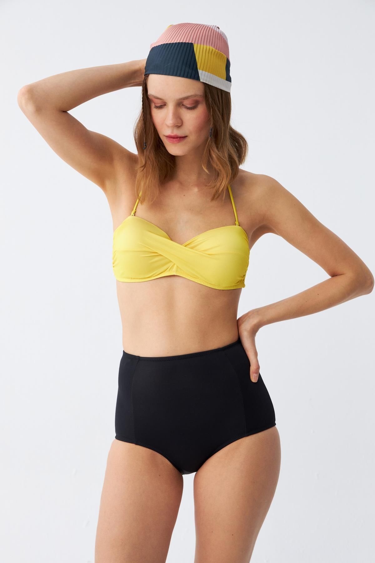 Akbeniz-Women's Strapless Yellow High Waist Bikini Set 3