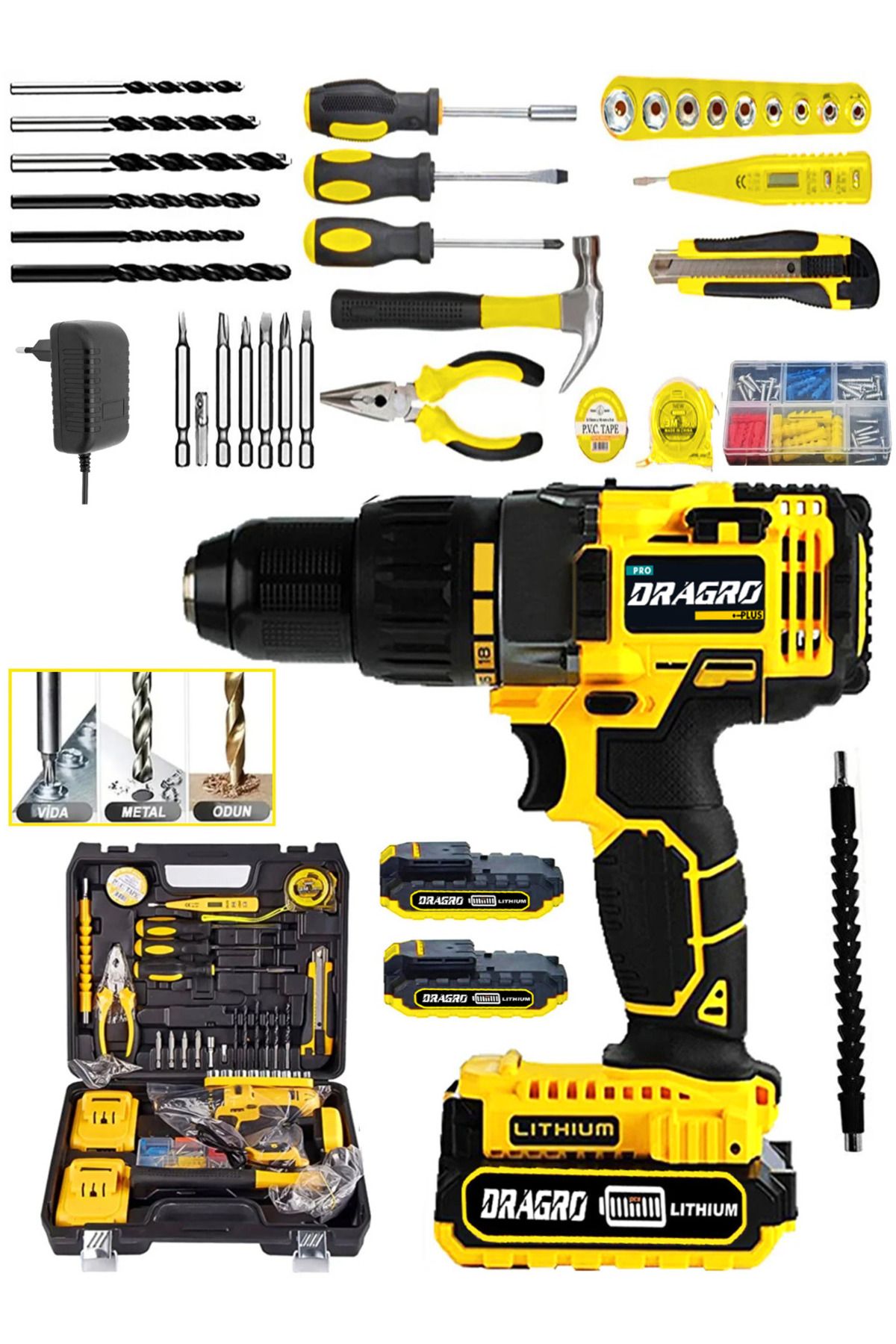 Dragro Germany Tecnology Metal Şanzıman Çift Bakır Sargı Akülü Vidalama Matkap Yardmcı Set
