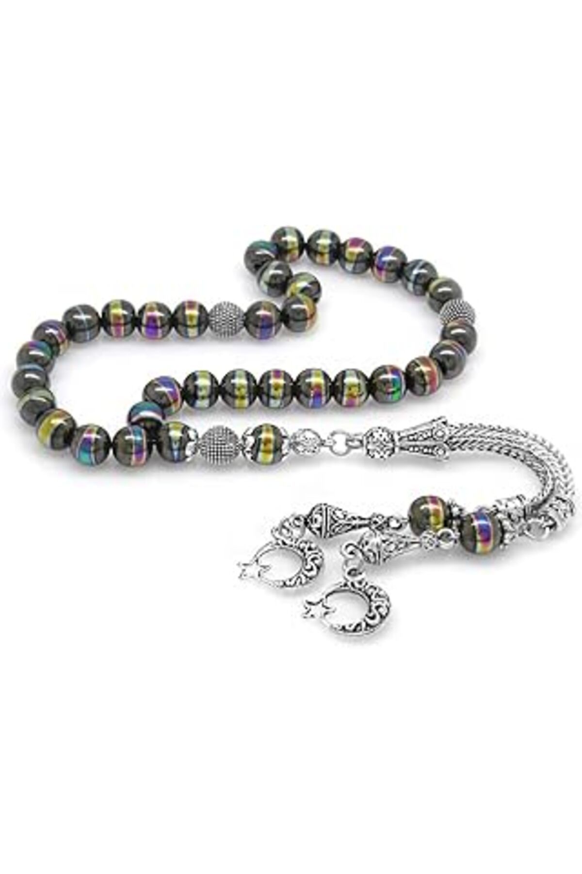Mu Art Ahşap (Tesbihane) Kararmaz Metal Püsküllü Küre Kesim Multicolor Hematit Doğaltaş Tesbih