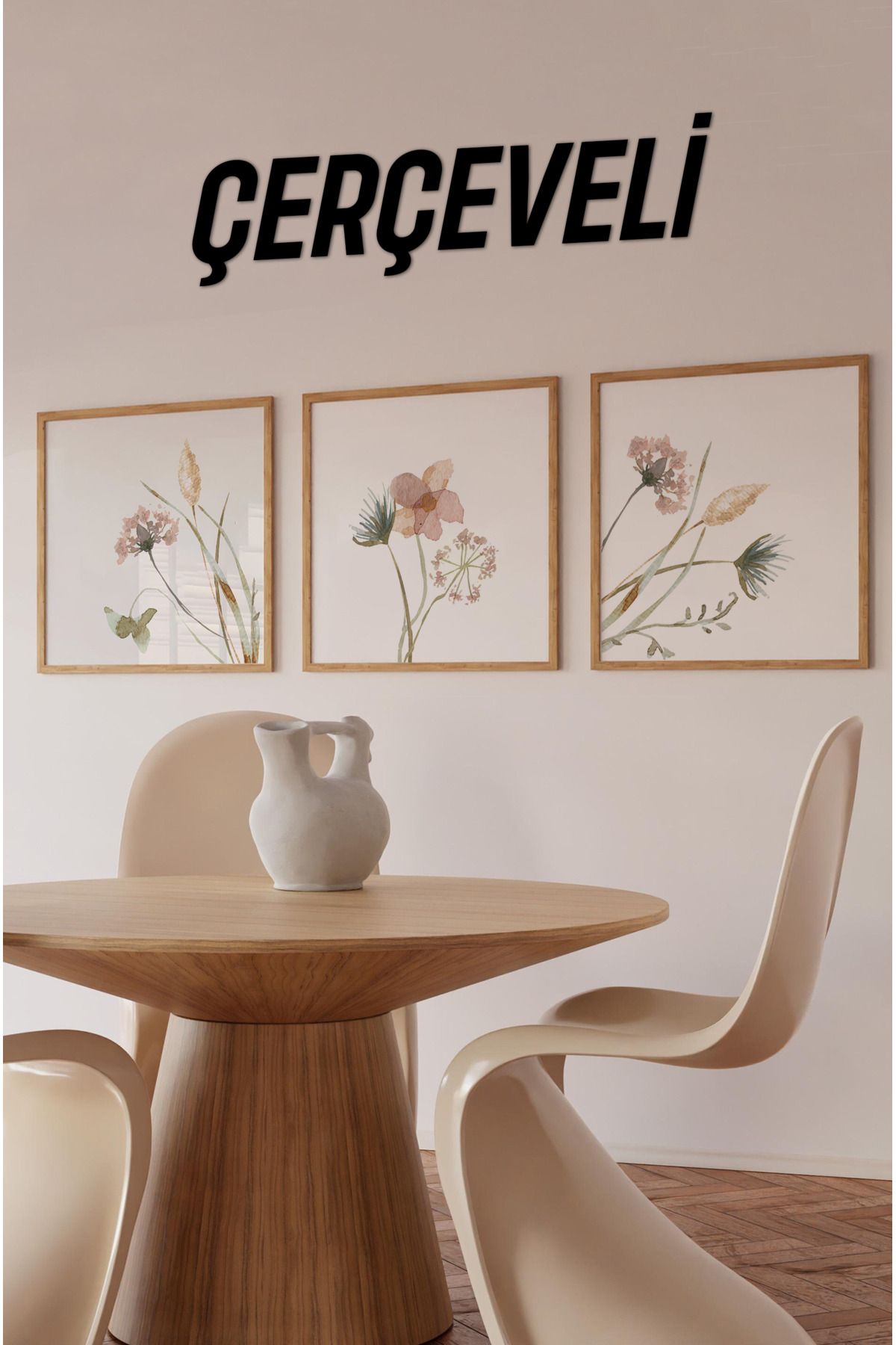 kutuTR 🌸 Doğal Çiçek Desenli 3’lü Tablo Seti | Çam Çerçeve MDF UV Baskı Varyantlı KR4042
