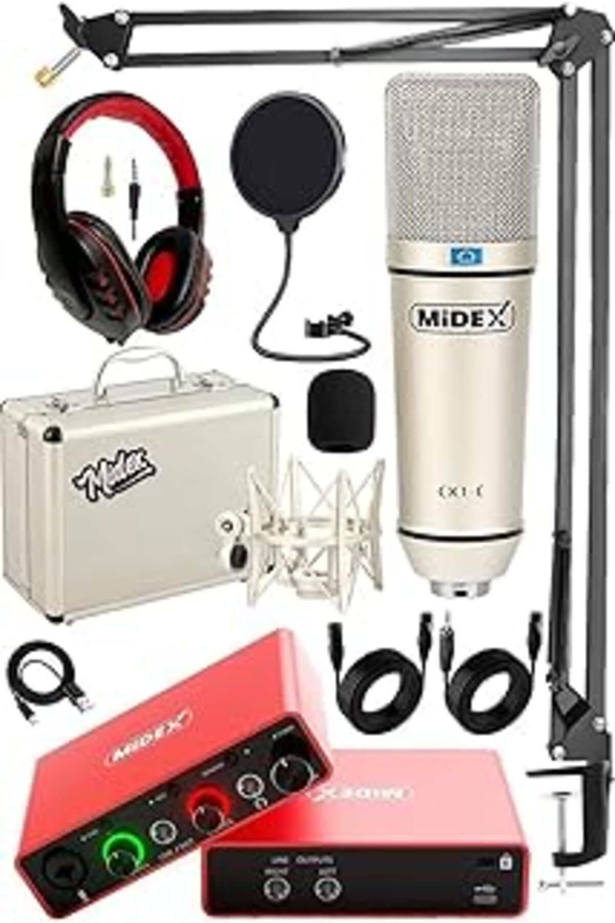 Pazarcan Midex Special Paket-2 Stüdyo Ekipmanları Glx-700rd Ses Kartı Cx1 Mikrofon Kulaklık Stand