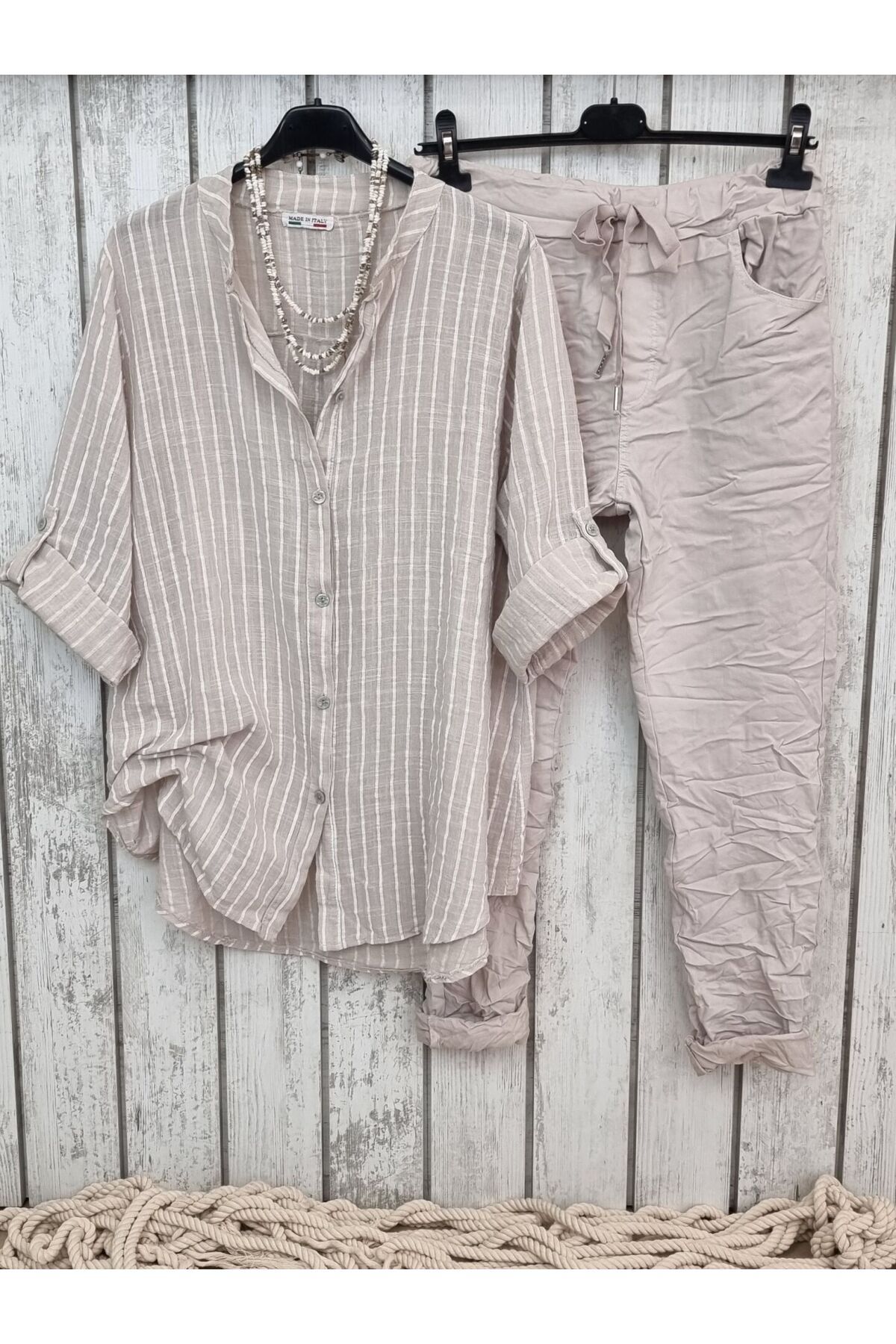 pudubutik Oversize Pamuklu Boyuna Çizgili Gömlek Bej