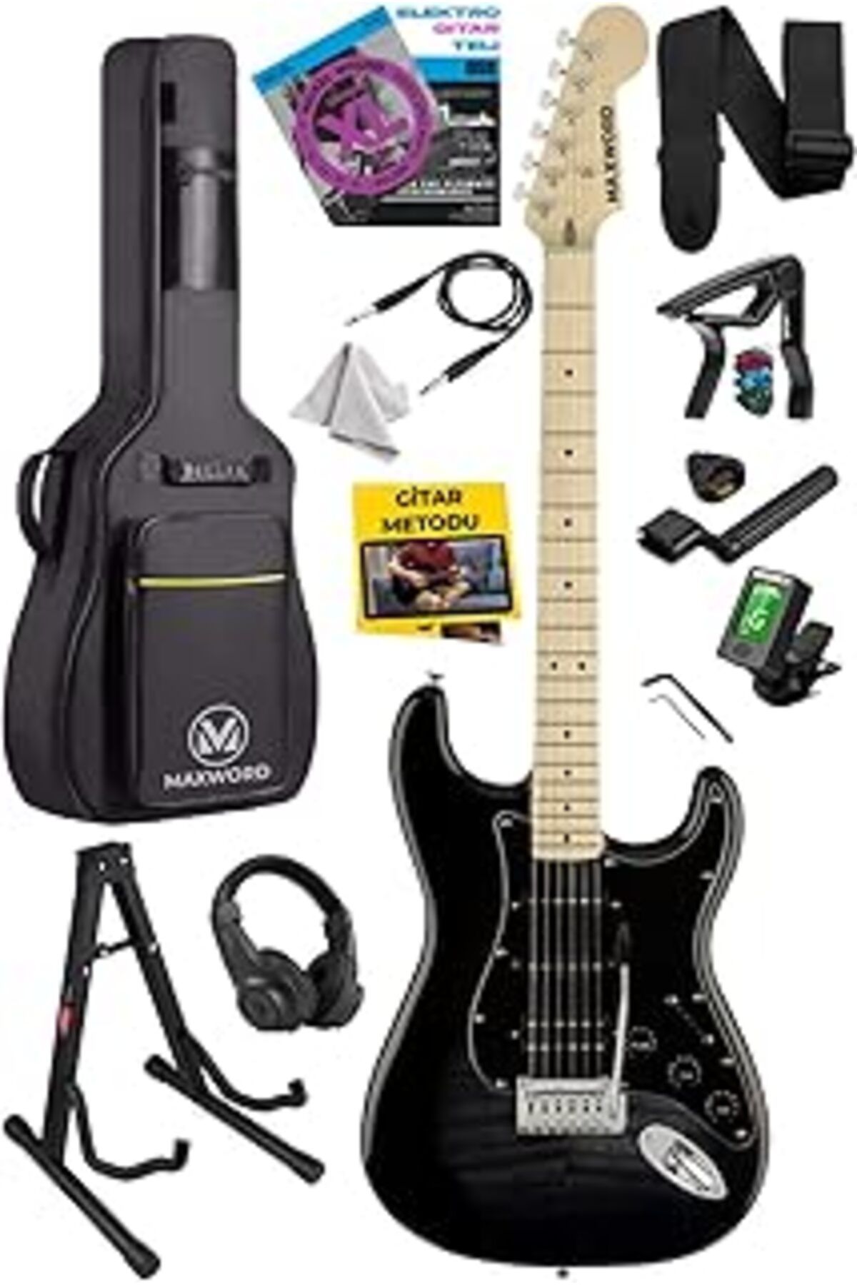 Pazarcan Maxword Map-45Bk-St Siyah Elektro Gitar Seti Hss Manyetik Maple Klavye Strat Kasa