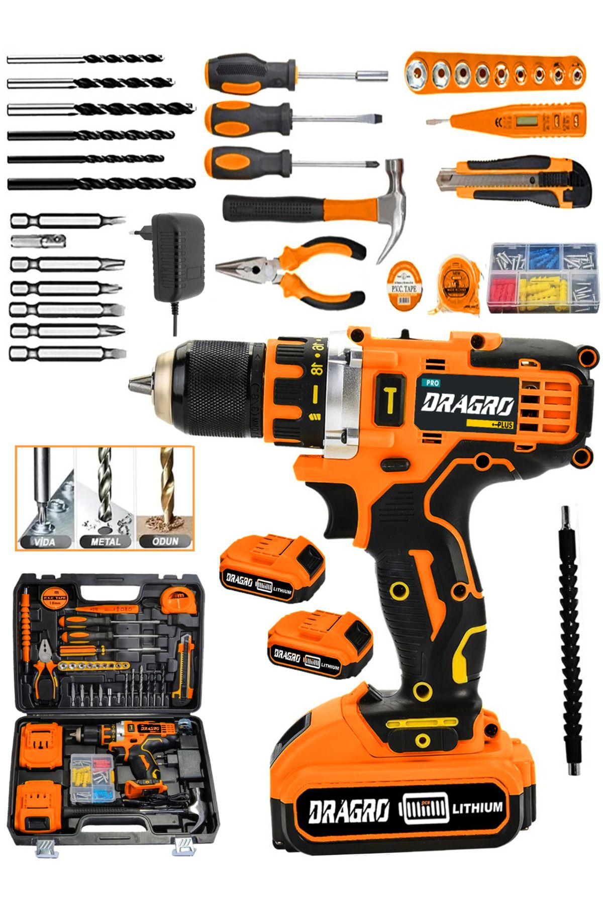 Dragro Germany Tecnology Metal Şanzıman Çift Bakır Sargı Akülü Vidalama Matkap Yardmcı Set