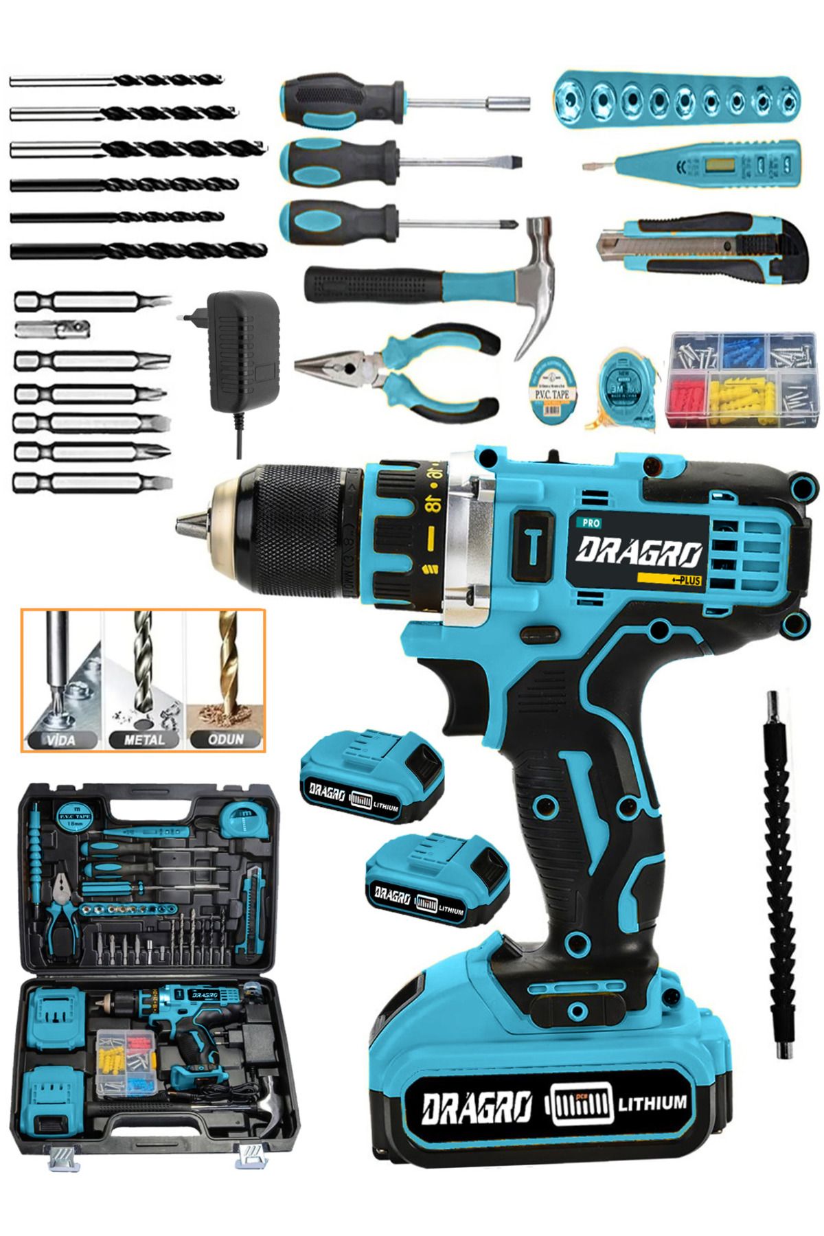 Dragro Germany Tecnology Metal Şanzıman Çift Bakır Sargı Akülü Vidalama Matkap Yardmcı Set