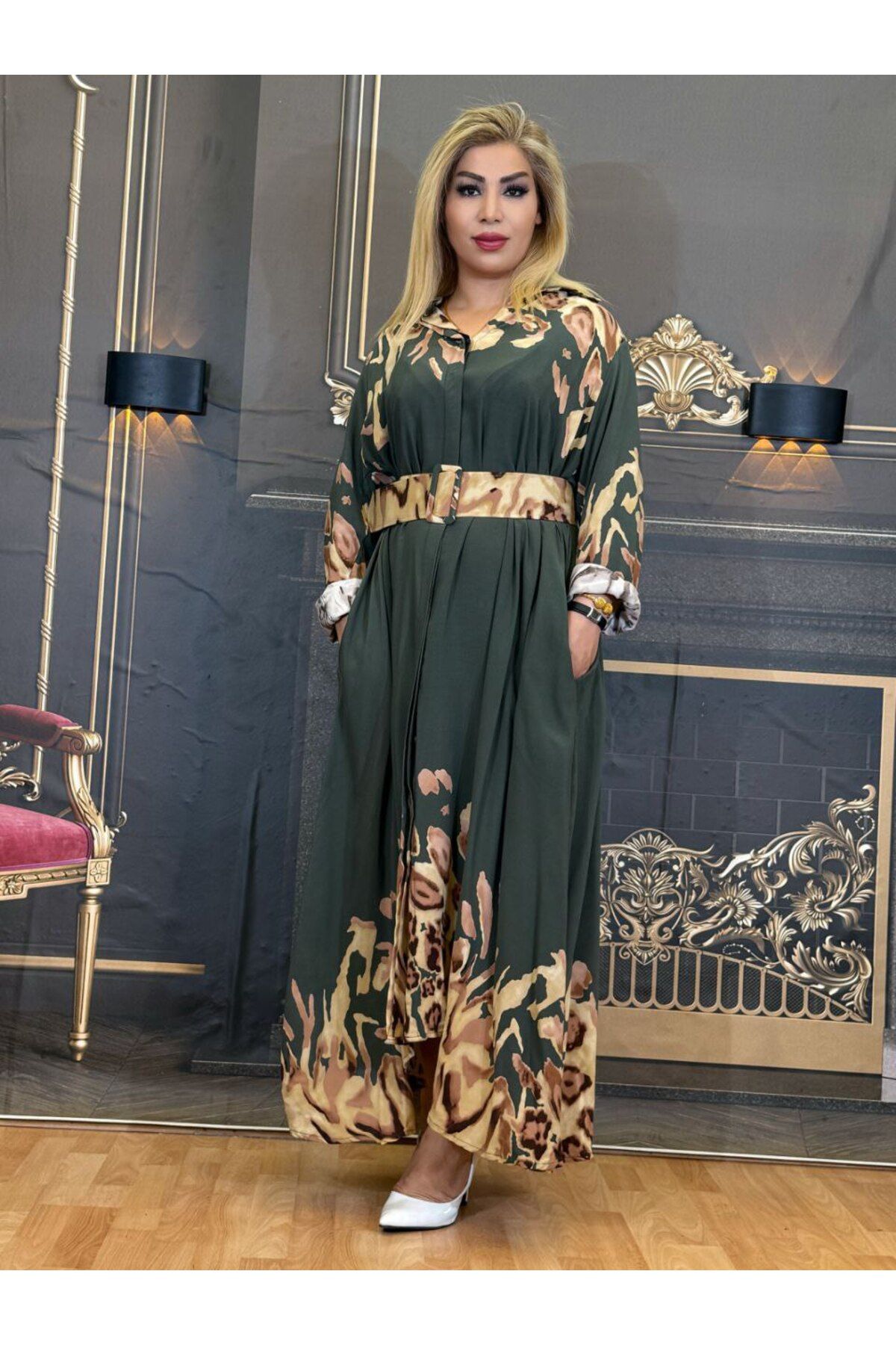Yeşilmoda Tesettür elbise,Kemerli,Çiçekli kumaş,Uzun kollu,Kemerli,Yazlık, pamuklu,Maxi,Günlük,yeşil
