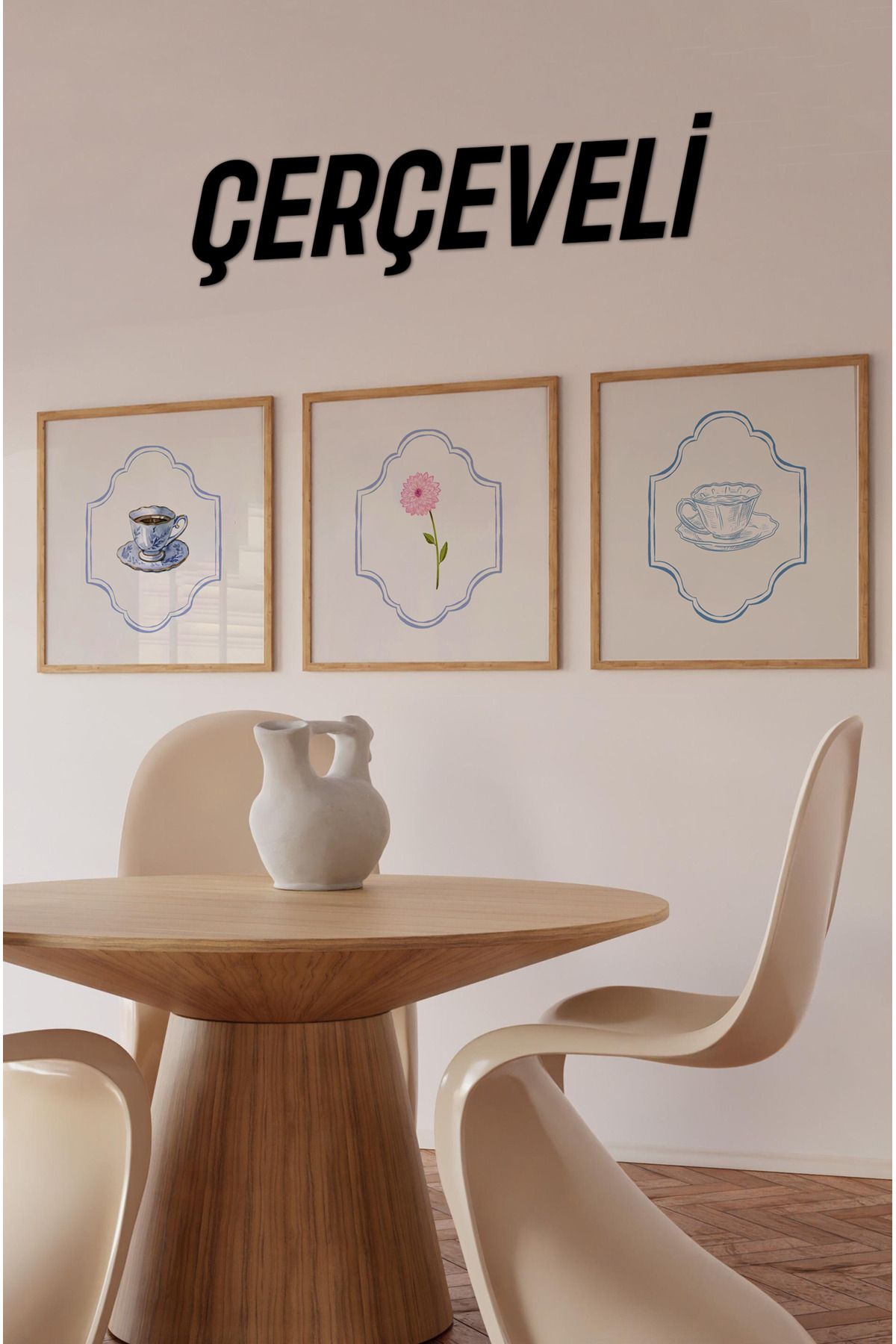 kutuTR ☕ Çay Fincanı & Çiçek Temalı 3'lü Tablo Seti | MDF Zeminli – Çam Çerçeveli Varyantlı KR4043