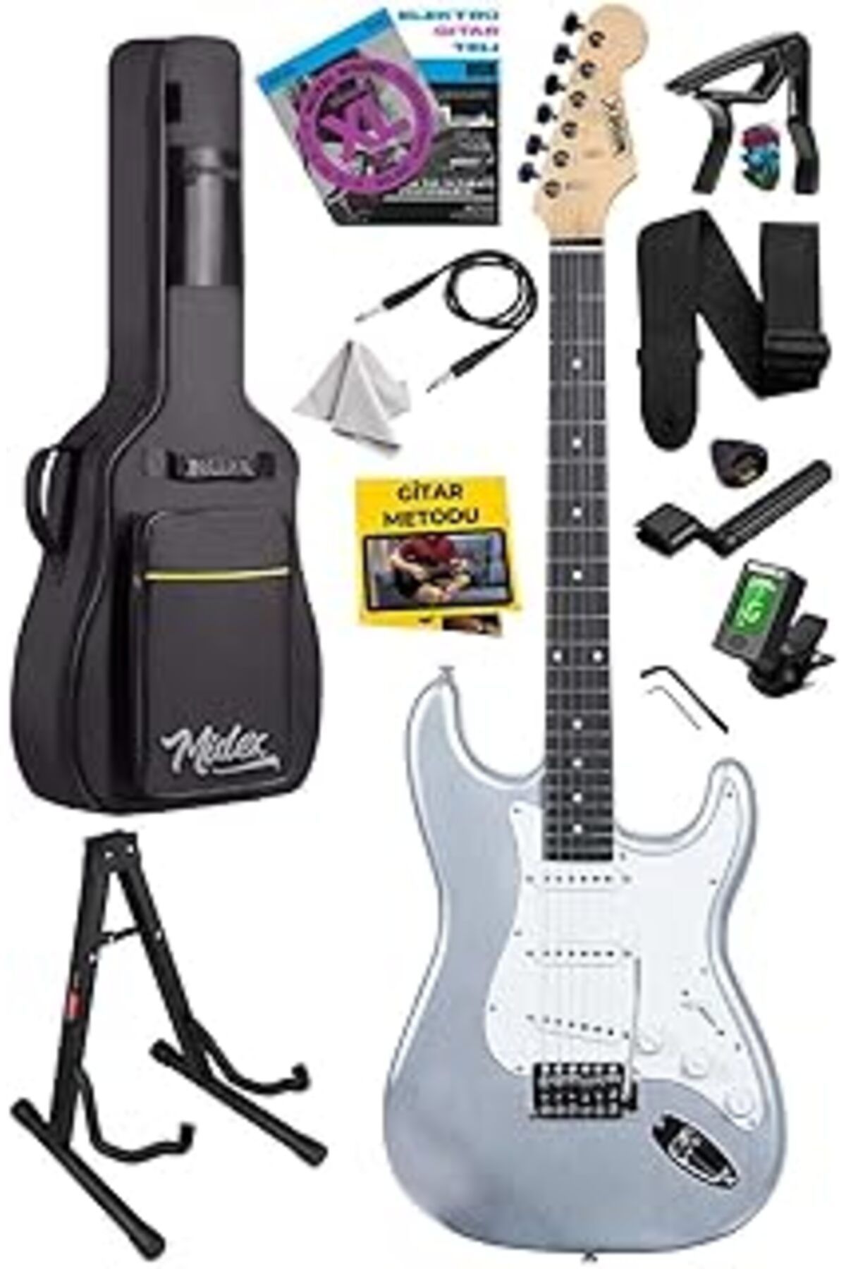 Qedii Midex Rph-30sl-st Gül Klavye Silver Strat Kasa Sss Elektro Gitar Seti