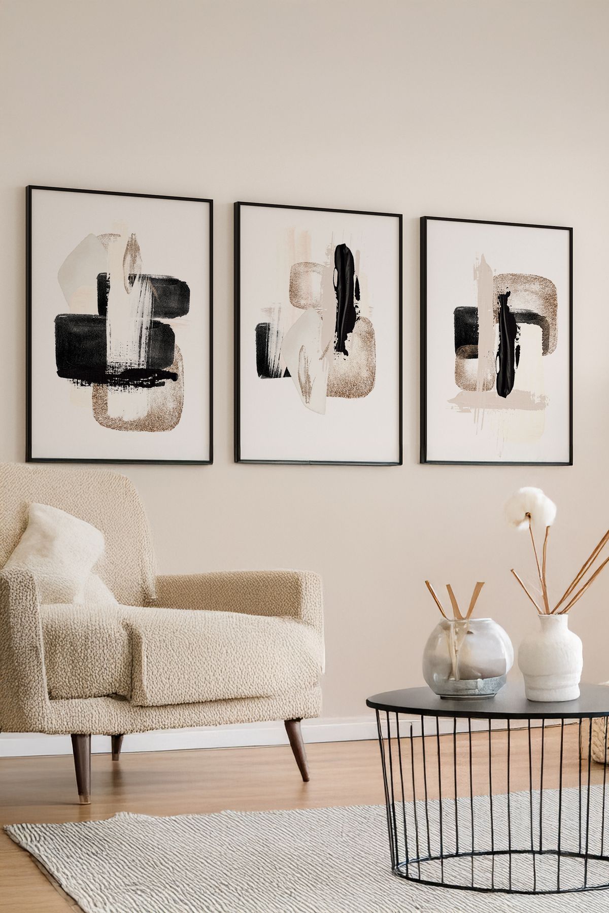 Ryta Minimalist Fırça Darbeleri Gerçek Ahşap Çerçeveli 3lü set Tablo