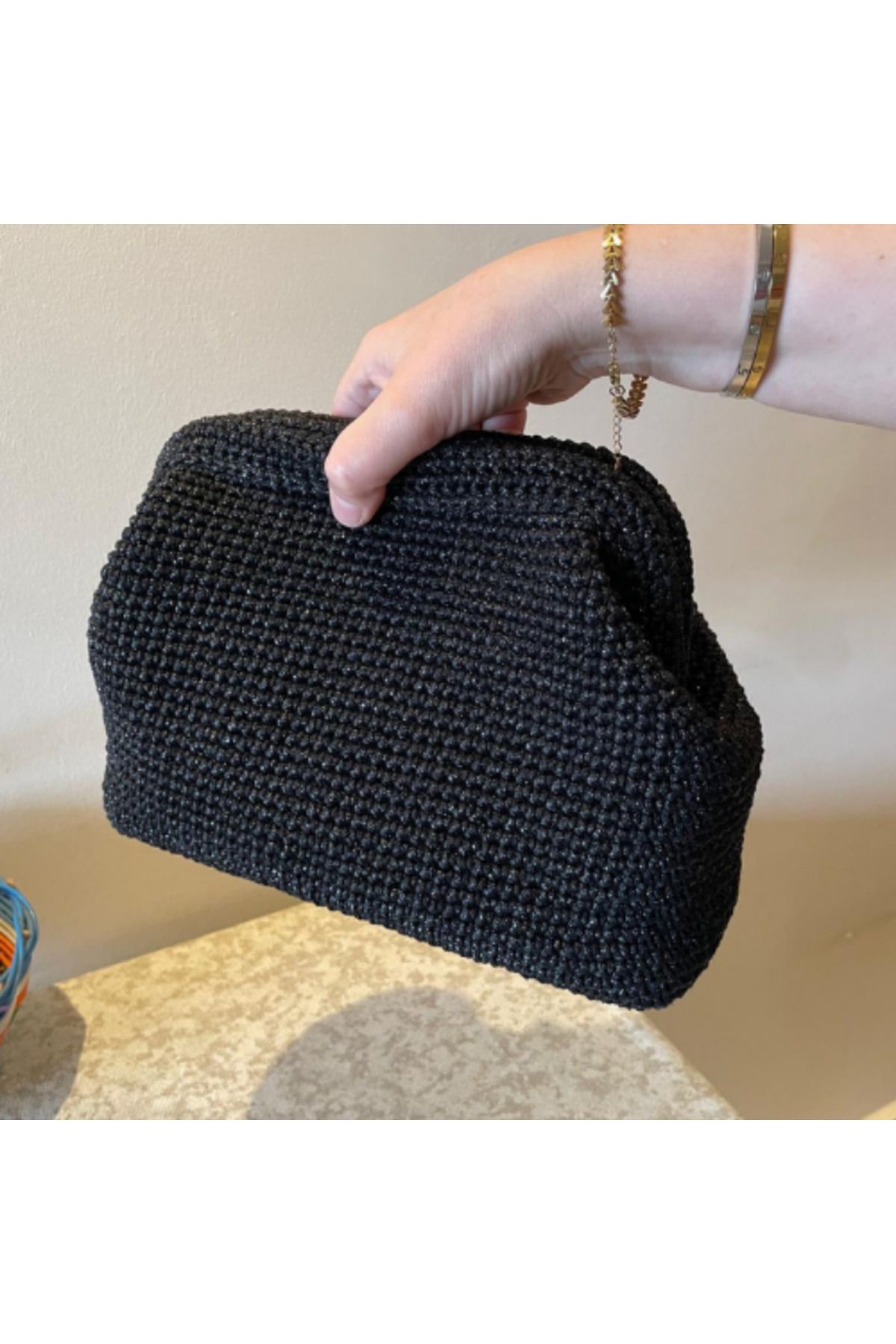 ELİŞİ MODA Parlak Simli Suni Kürk İp El Örgüsü Çanta, Clutch Çanta, Gece Çantası, Abiye Çantası