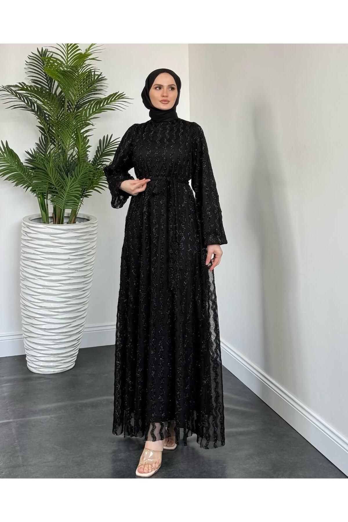 Tanem RSTM butik simli astarlı bağcıklı fermuarlı mükemmel şık özel günler için abiye elbise