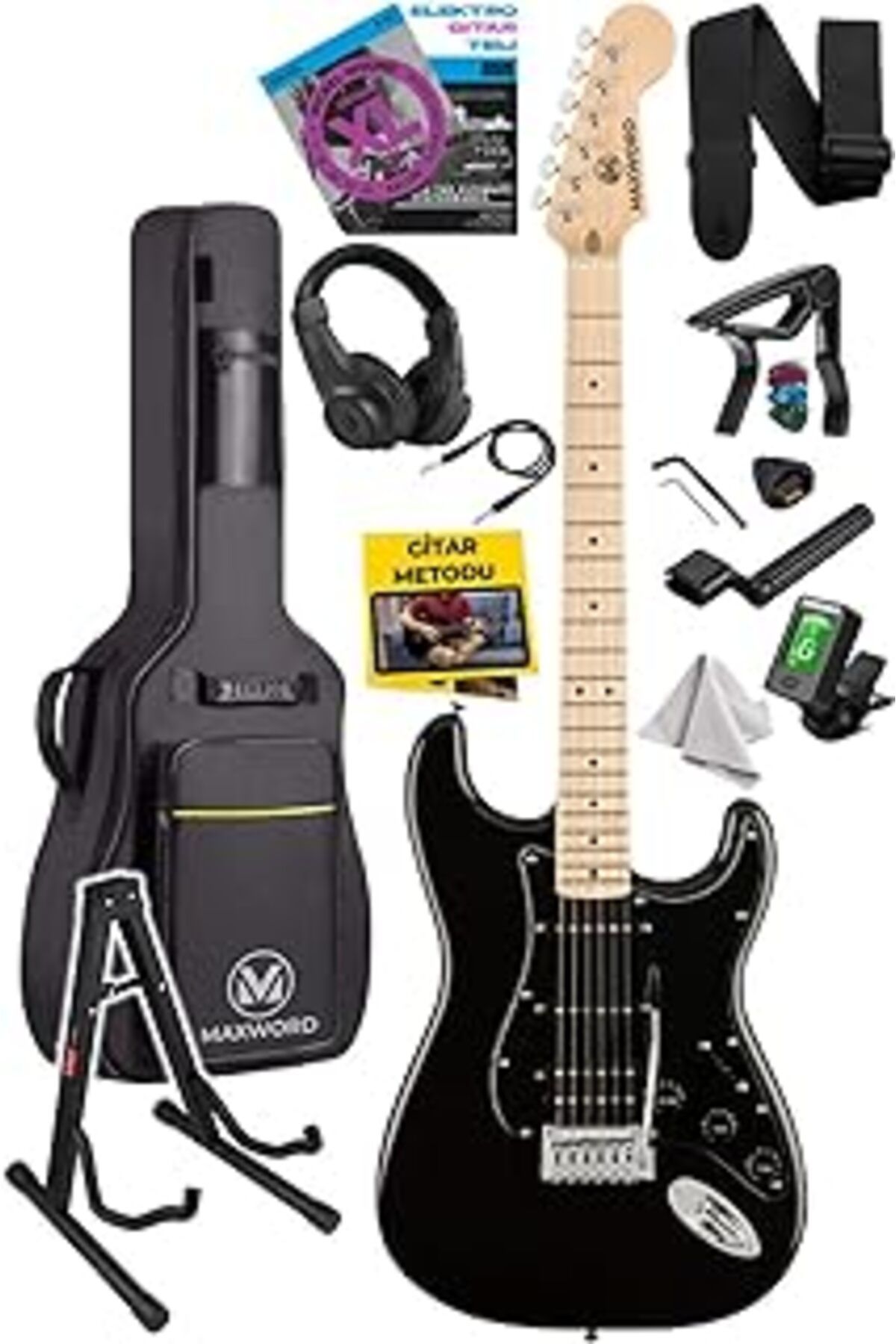 Pazarcan Maxword Map-35Bk-St Maple Klavye Ssh Profesyonel Elektro Gitar Seti