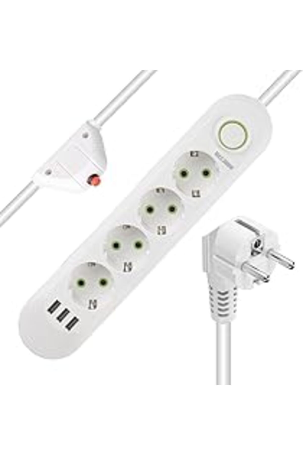 Qedii Techmore Akım Korumalı Grup Priz, 4’Lü Priz,1.5 Metre Kablolu, 3 Usb’Li 3000W, 16 Amper, Kablo Üstü