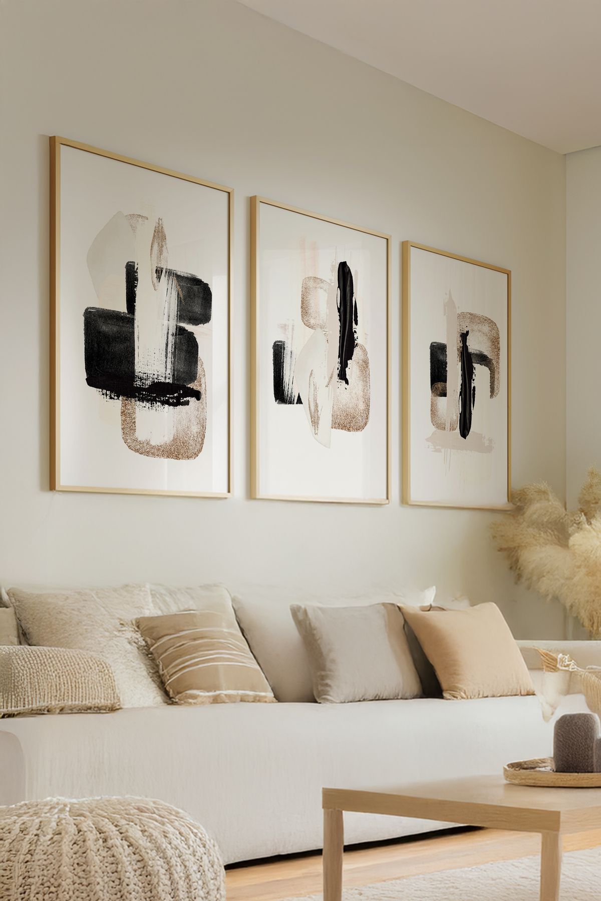 Ryta Minimalist Fırça Darbeleri Gerçek Ahşap Çerçeveli 3lü set Tablo