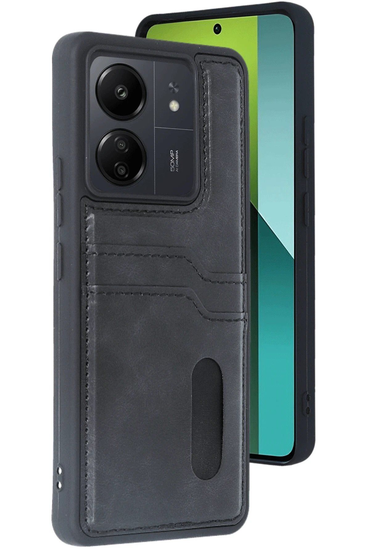 Toptan Bulurum Xiaomi Redmi 13C Kılıf Sara Kartvizitli Deri Kılıf - Siyah