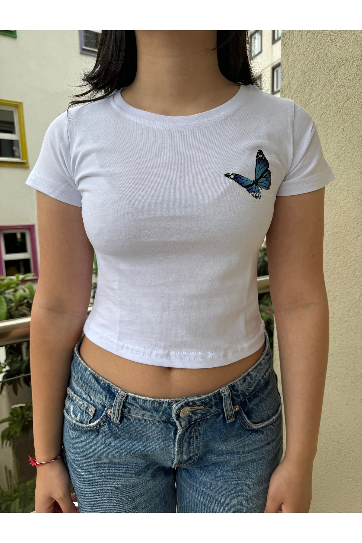 GRİLAND Kadın Beyaz Kelebek Baskılı Crop Likralı Pamuklu Slim Fit Kısa Crop
