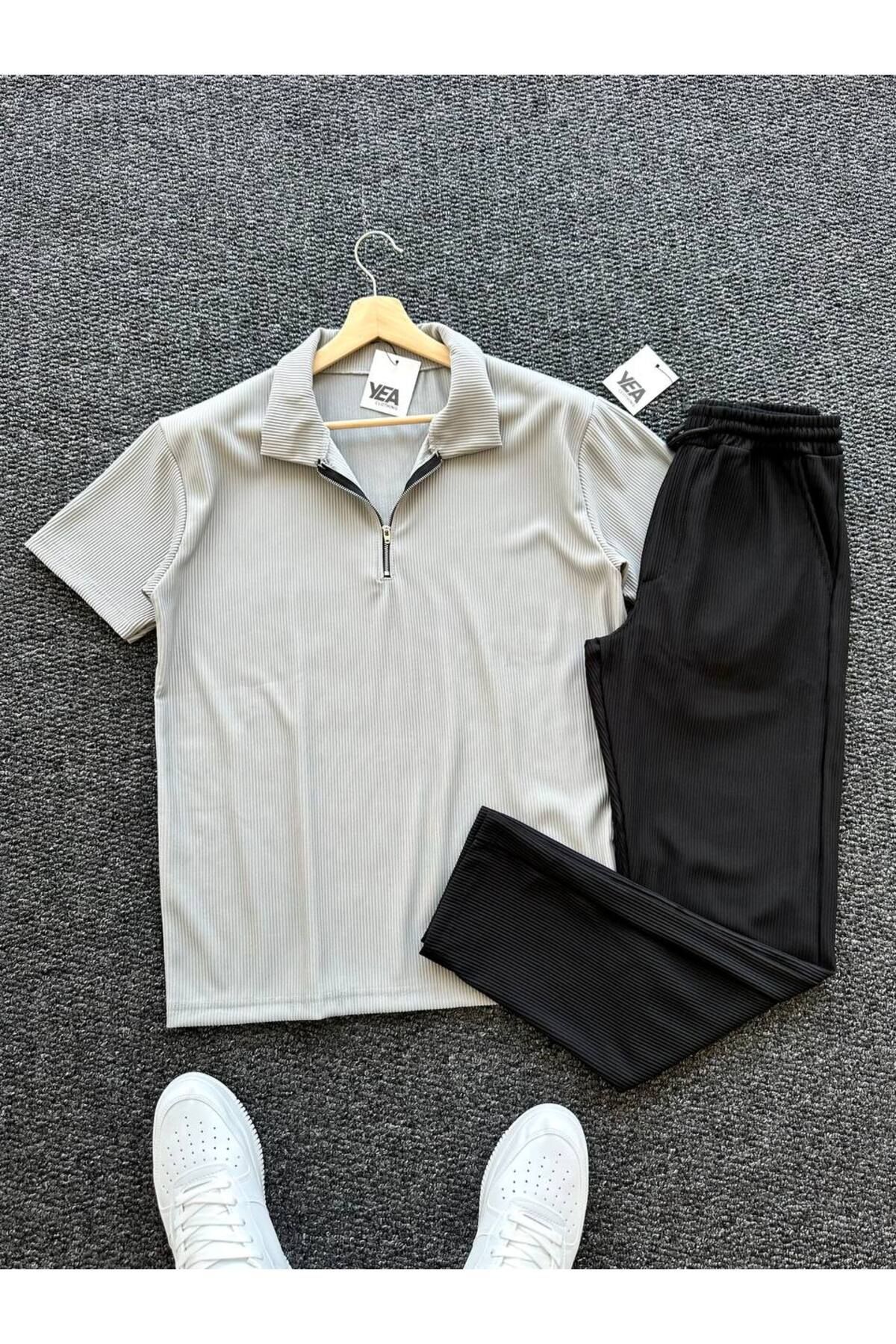 tetramoda Fitilli Yarım Fermuarlı Polo Yaka Tişört Ve Baggy Pantolon 2'li Set